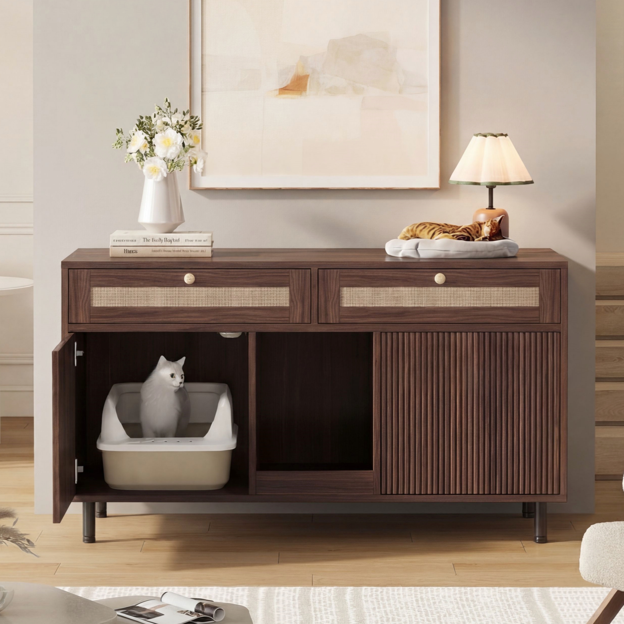 Cat Litter Box Cabinet With Sand Trap Mat, Cat Cabinet For Litter Box, Pet Cabinet With Rattan Drawers, Pet Sideboard TV Cabinet, Without Litter Box, 