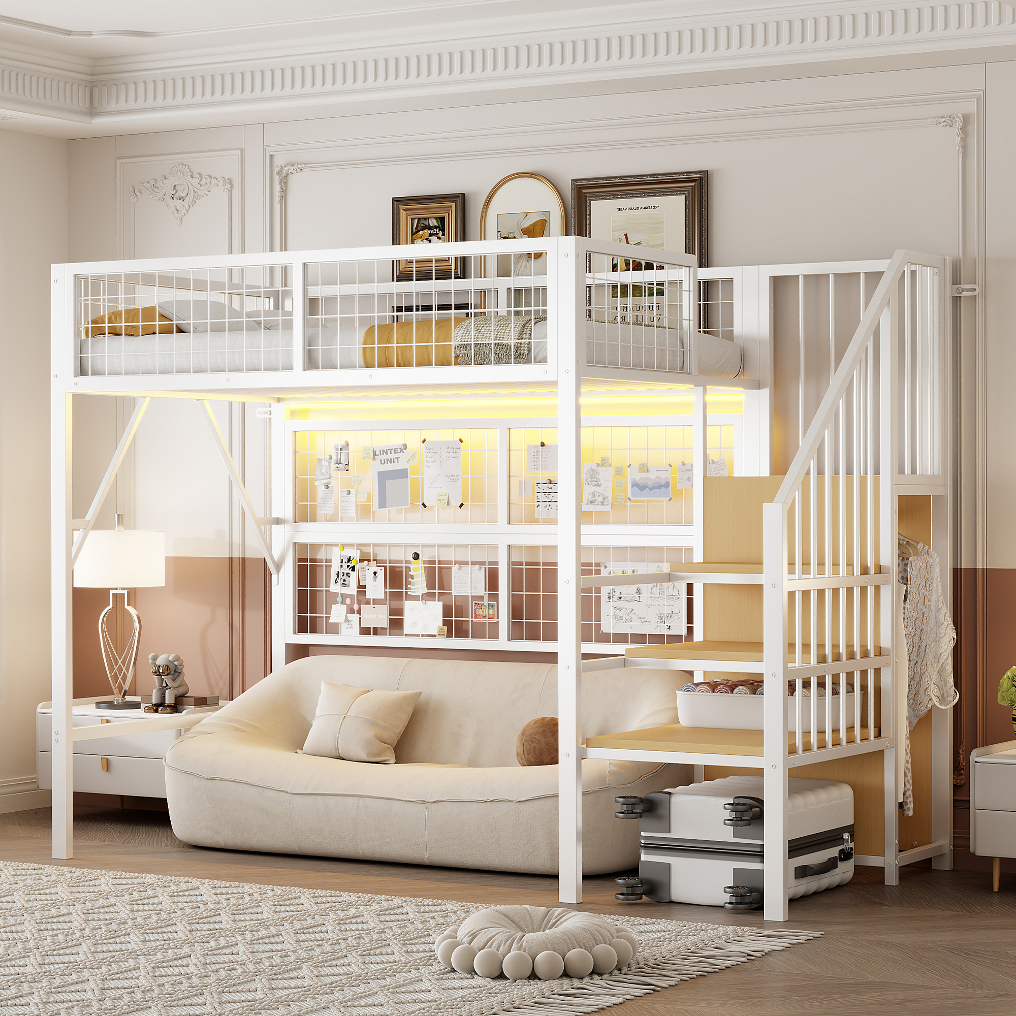 Iron Bed, Bunk Bed, Loft Bed 90x200, Suitable For Children And Teens Versatile,Metal Loft Bed With APP-Controlled LED Light Strips Stairs With Storage Space, Open Wardrobe Black White