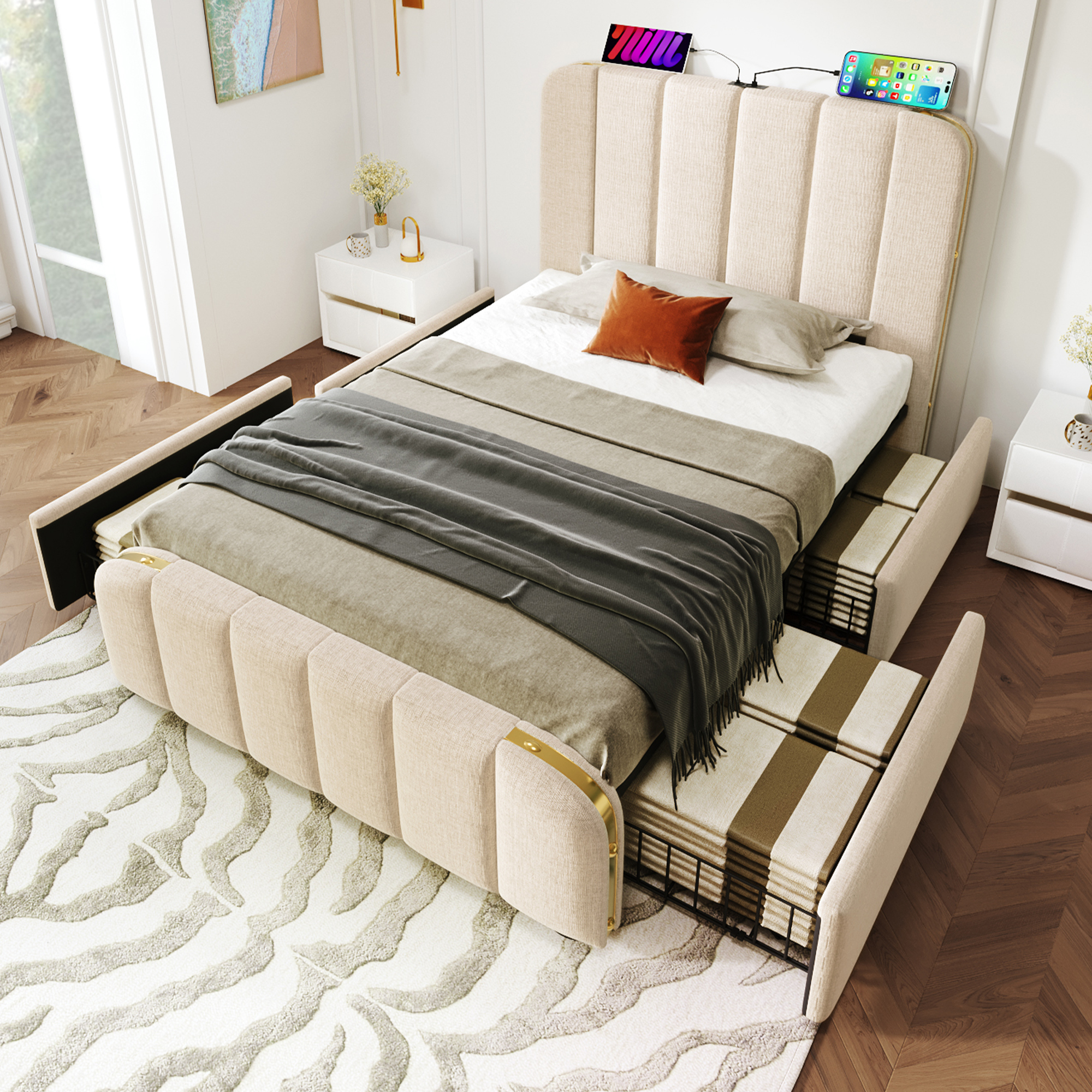 Upholstered Bed Single Bed, Upholstered Headboard With Golden Decorative Stripes And USB Type-C Charging Function 90X200 Cm, Beige Linen Material With