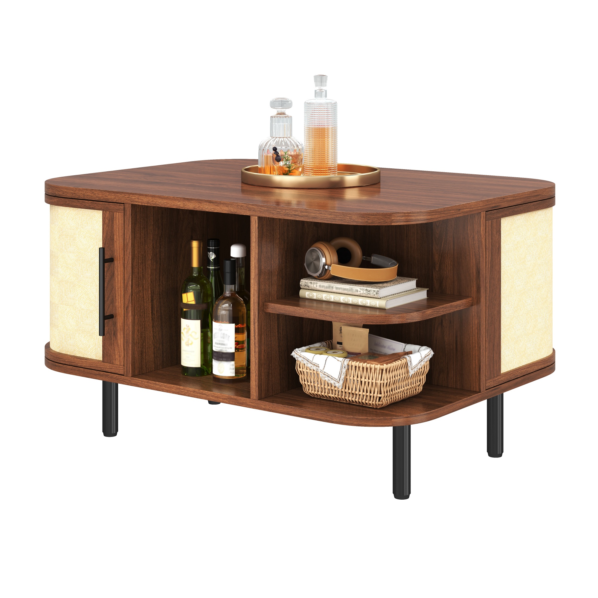 Coffee Table, Side Table, Curved Shape, Braided Surface, MDF Body, Metal Handles, Metal Legs, Storage, Living Room Table