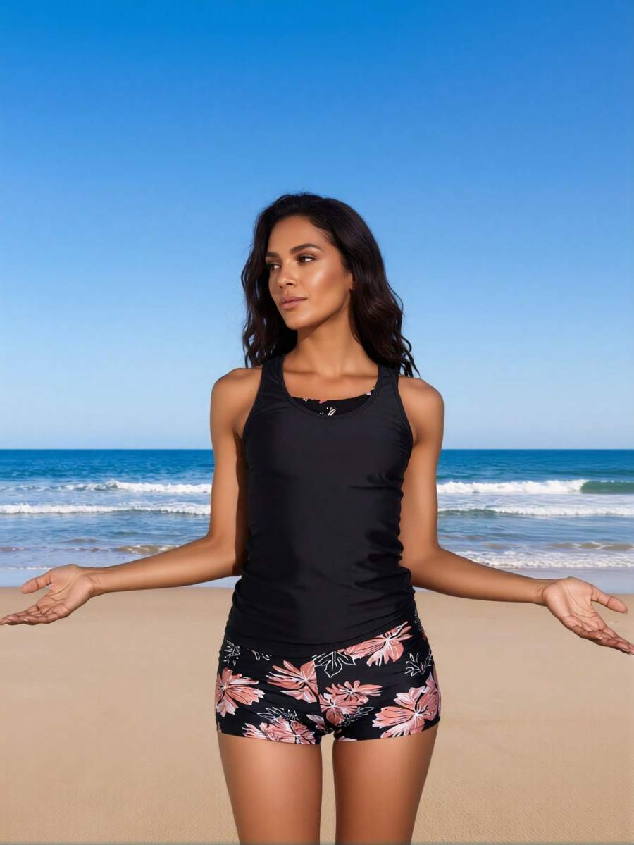 2026 New Women's Sexy Fashion Black & Pink Floral Patchwork Two-Piece Boyleg Swimsuit For Vacation & Leisure