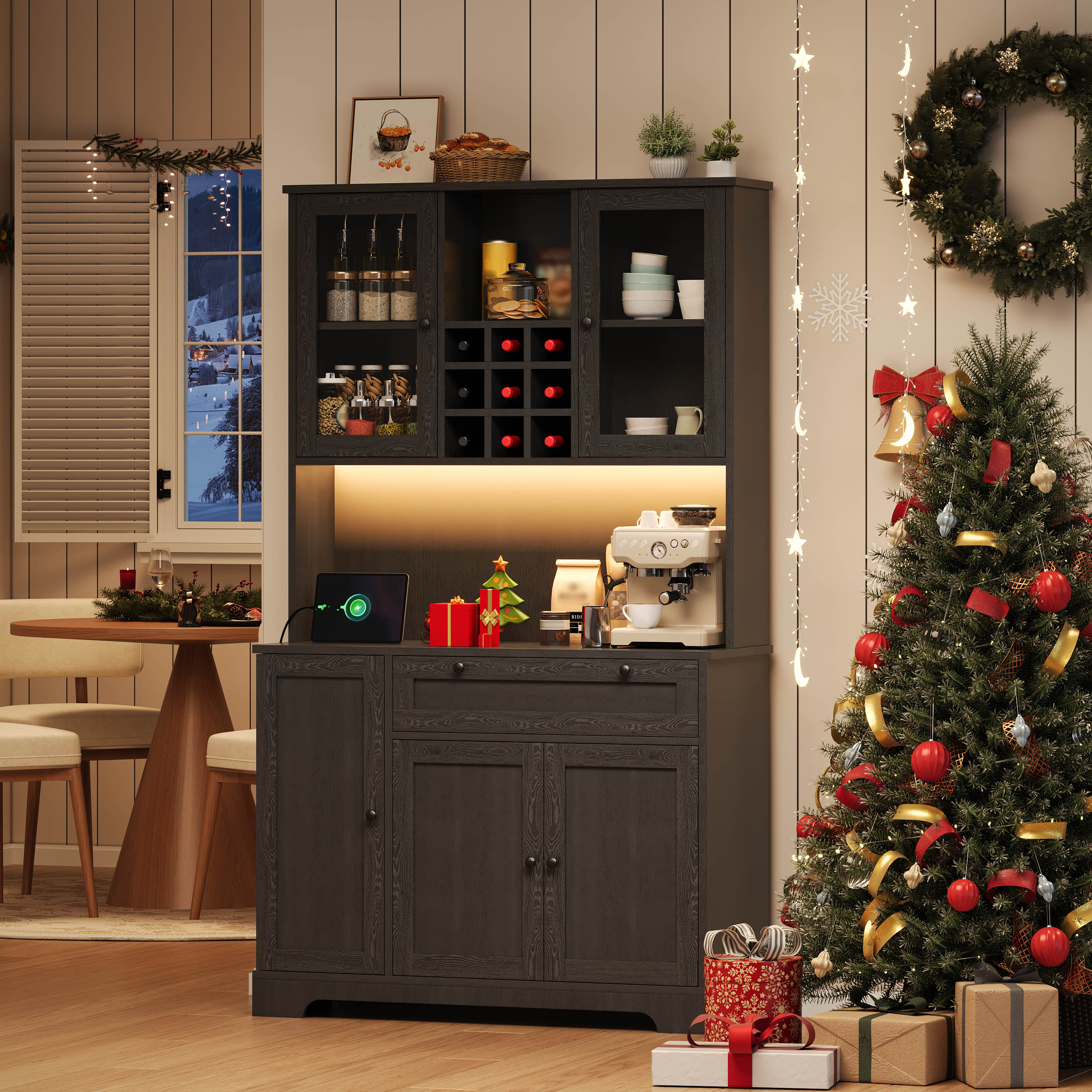 Kitchen Cabinet, Tall Cabinet, Storage Cabinet, Display Cabinet With Door, Integrated Spice Rack, Adjustable Shelves, With Color-changing LED Lighting And Socket, 180 X105 X40 Cm