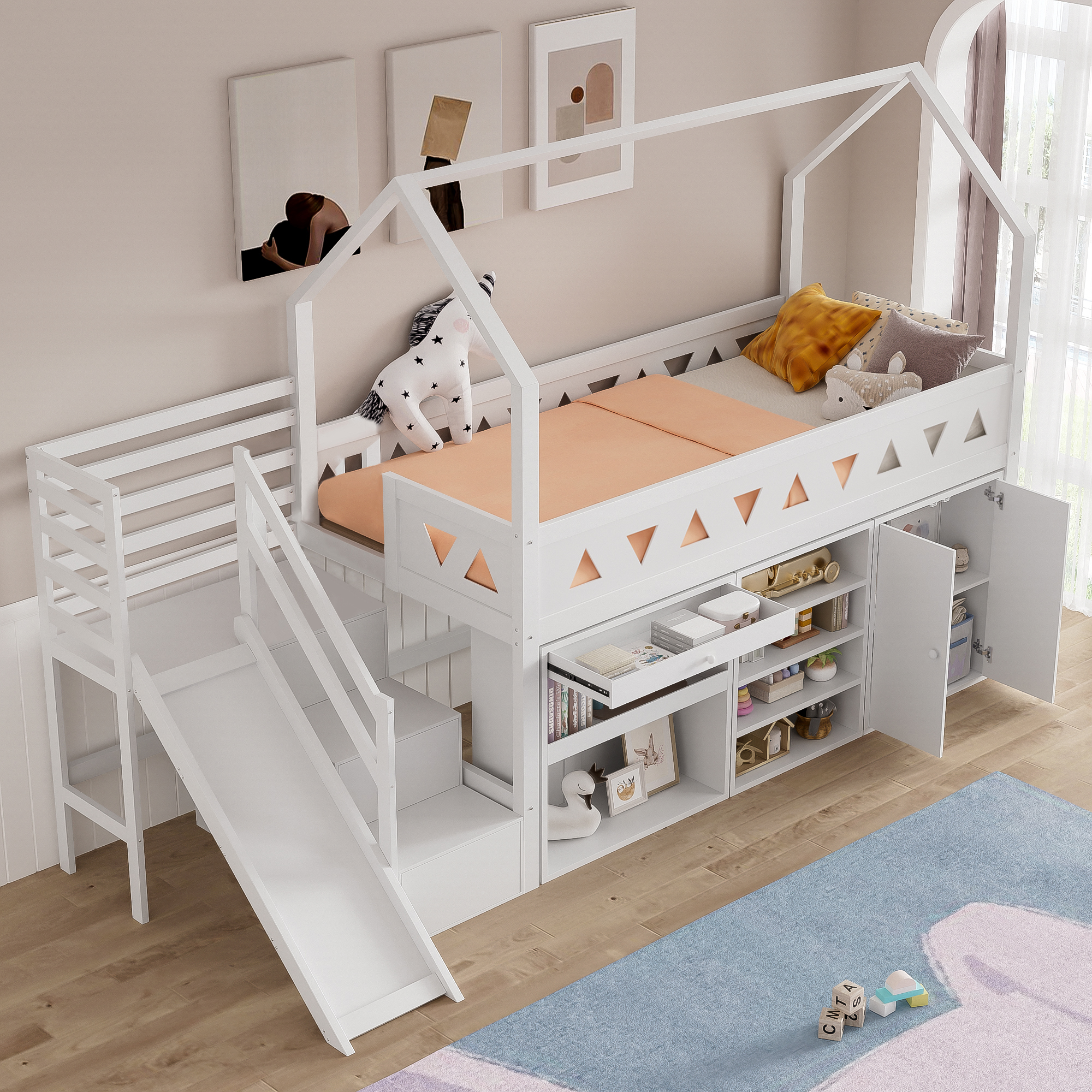 Kinderbett, Single Bed, Multifunctional Children S Bed, With Slide And Ladder, With Drawers And Lockers, Without Mattress, Solid Wood, White, 90X200