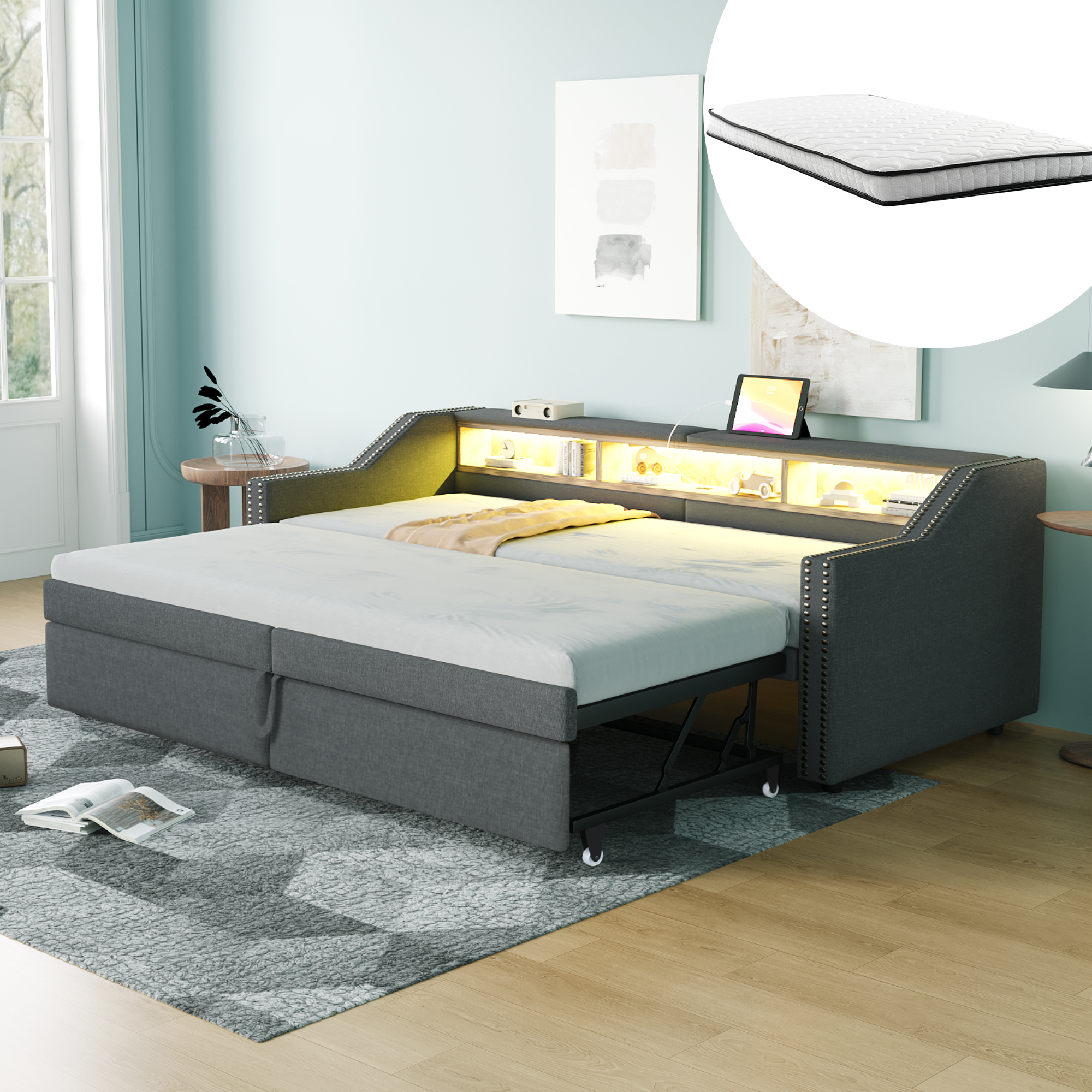 Upholstered Bed Pull-out Sofa Bed 90-180 X 200 Cm, Multifunctional Storage Compartment, LED Light And USB Socket, With Slatted Base, Dark Grey  With Two Spring Mattresses