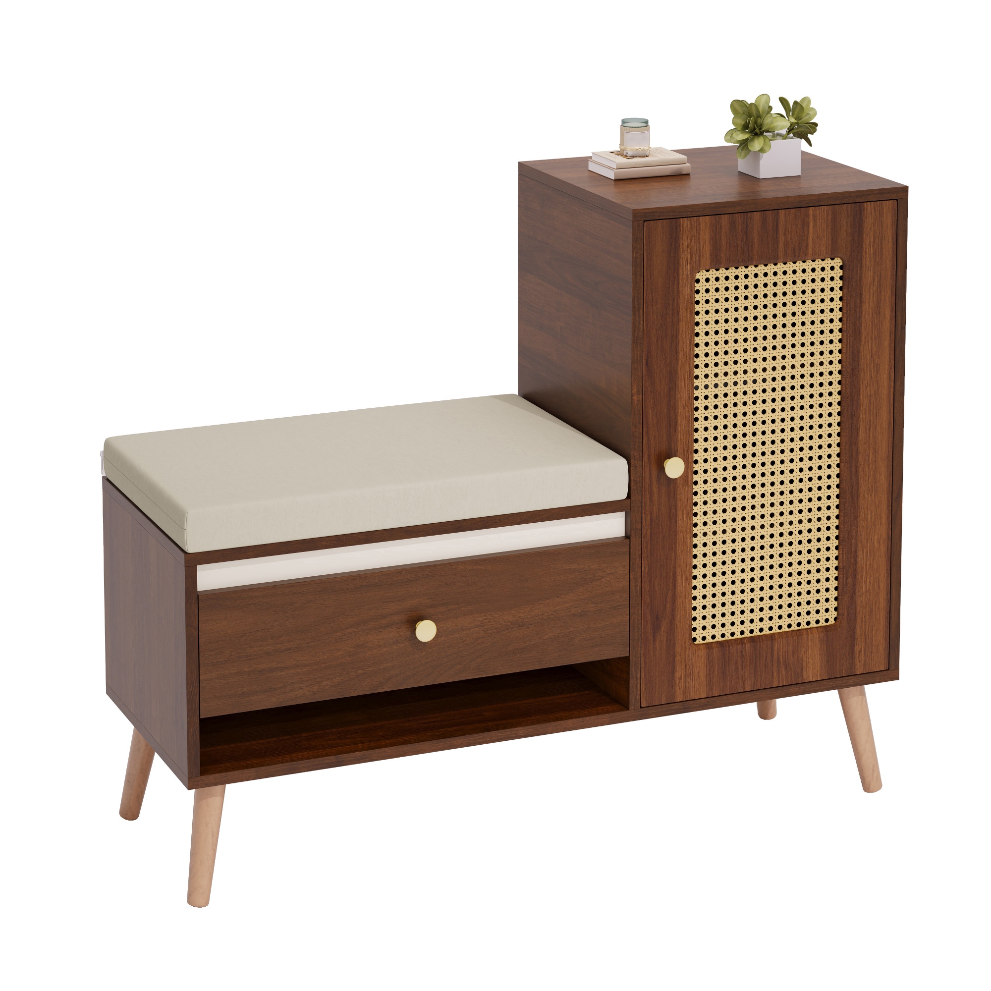 Armoire à chaussures, banc d'armoire en rotin avec coussin de siège d'armoire multifonctionnel