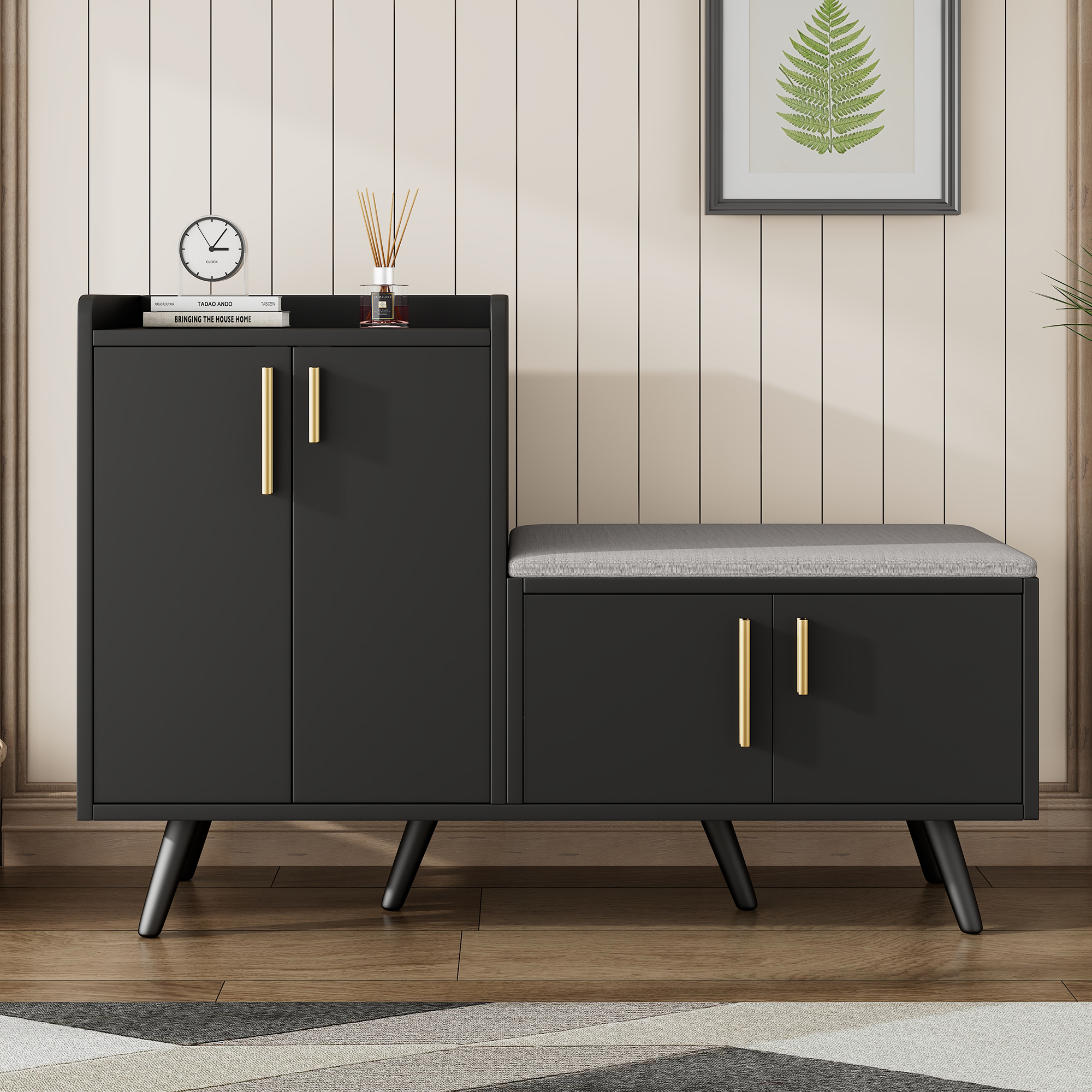 Modern Shoe Benches With Black Walnut Wood, Shoe Cabinet, Equipped With Four Storage Doors, Asymmetrical Metal Handles, W120-D34-H82