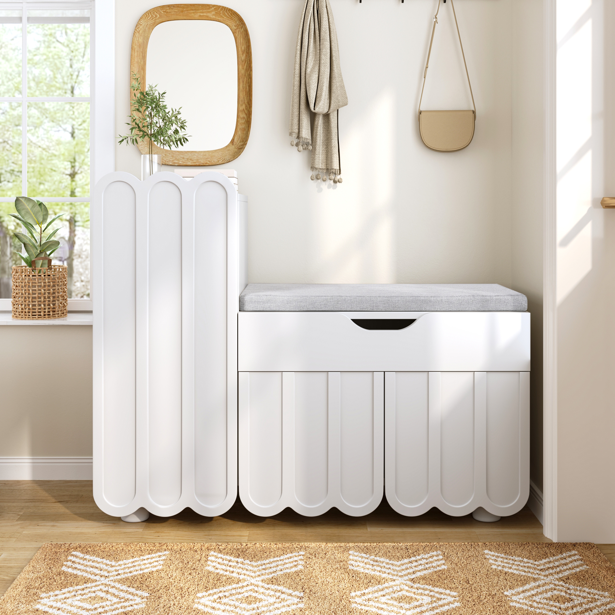 Armoire à chaussures 3 portes moderne avec coussin de siège de tiroir - Blanc