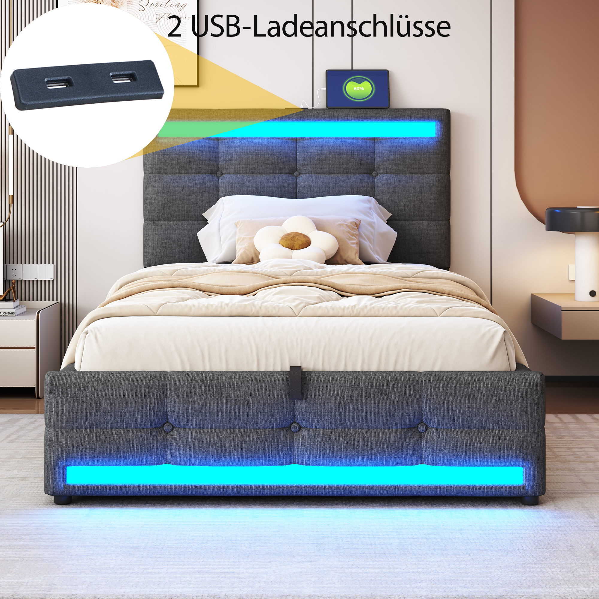 Upholstered Bed 90x200 Hydraulic Storage Crib With USB And Color Changing LED Light Strip, Gray Linen Single Bed