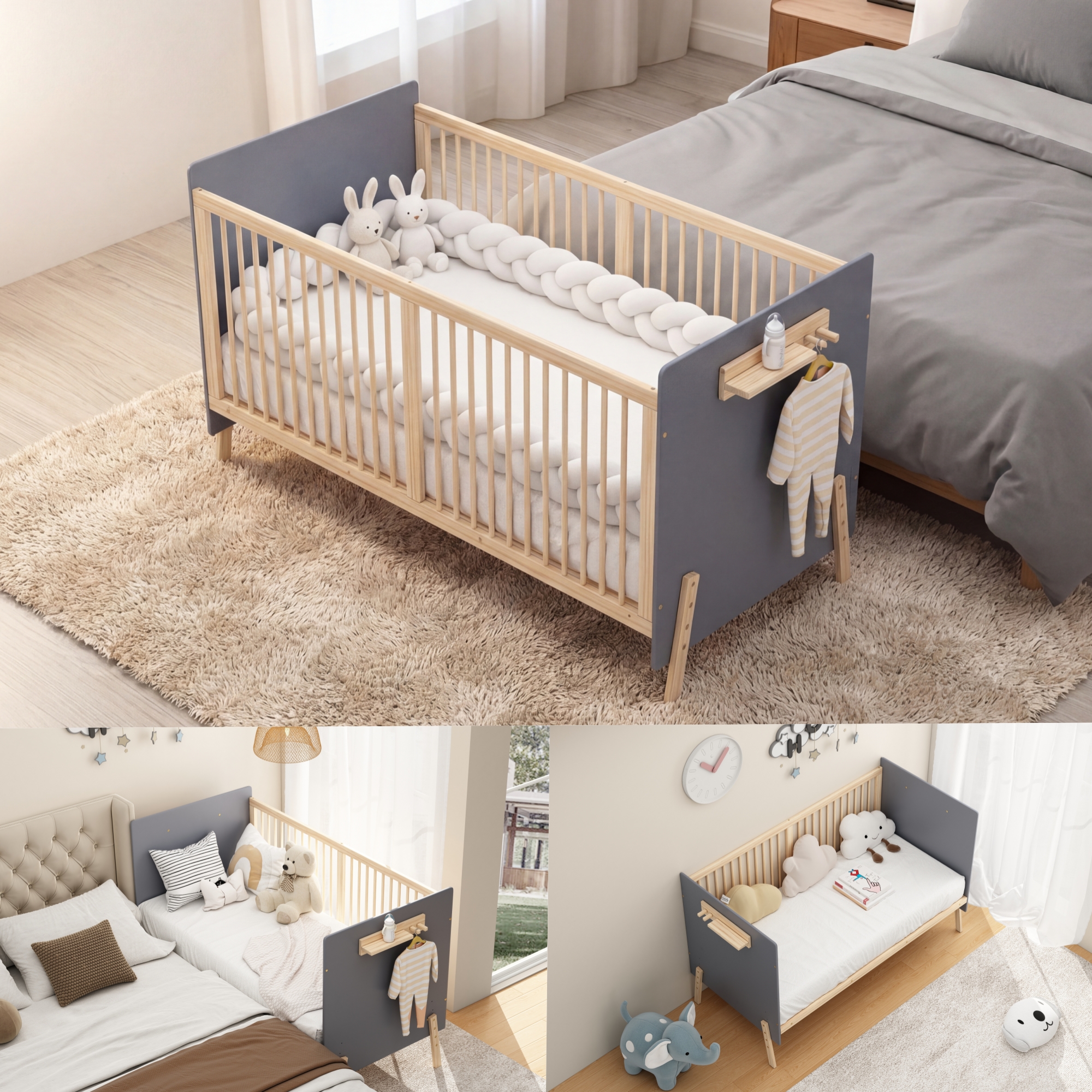 Solid Wood Baby Bed, Adjustable Children's Bed With Three-stage Height Adjustment, Environmentally Friendly Paint Finish, Can Be Used As A Cot Sofa Bed, Without Mattress, Blue-grey  Natural Wood Colo
