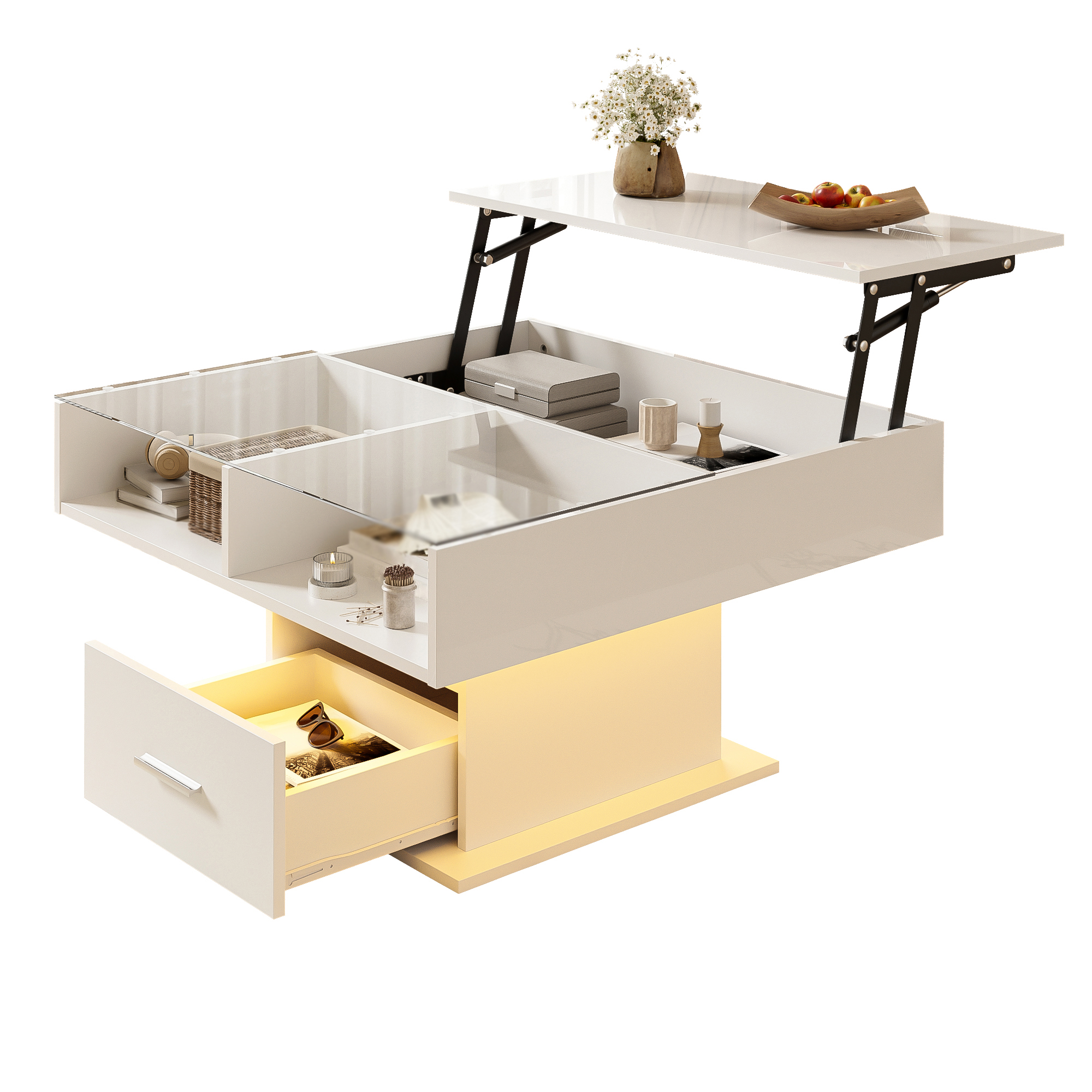 Multifunctional High-gloss Lift Coffee Table With LED Lighting, Adjustable Height & Flexible Storage Space  Modern Design For Living Room, Office & Small Apartments