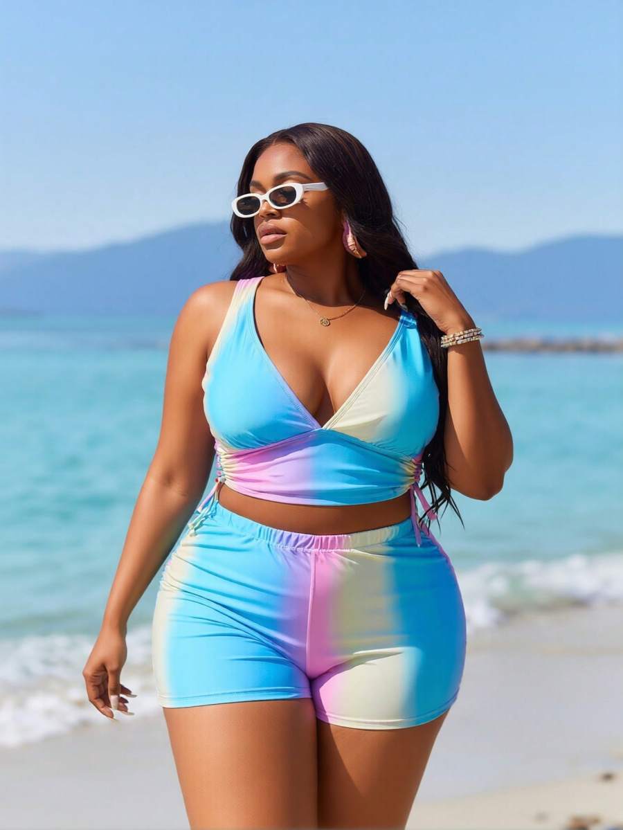 2026 Women's Playful Two-Piece: Pastel Ombre Print Plunge V-Neck Top And Matching High-Waisted Boyleg Shorts
