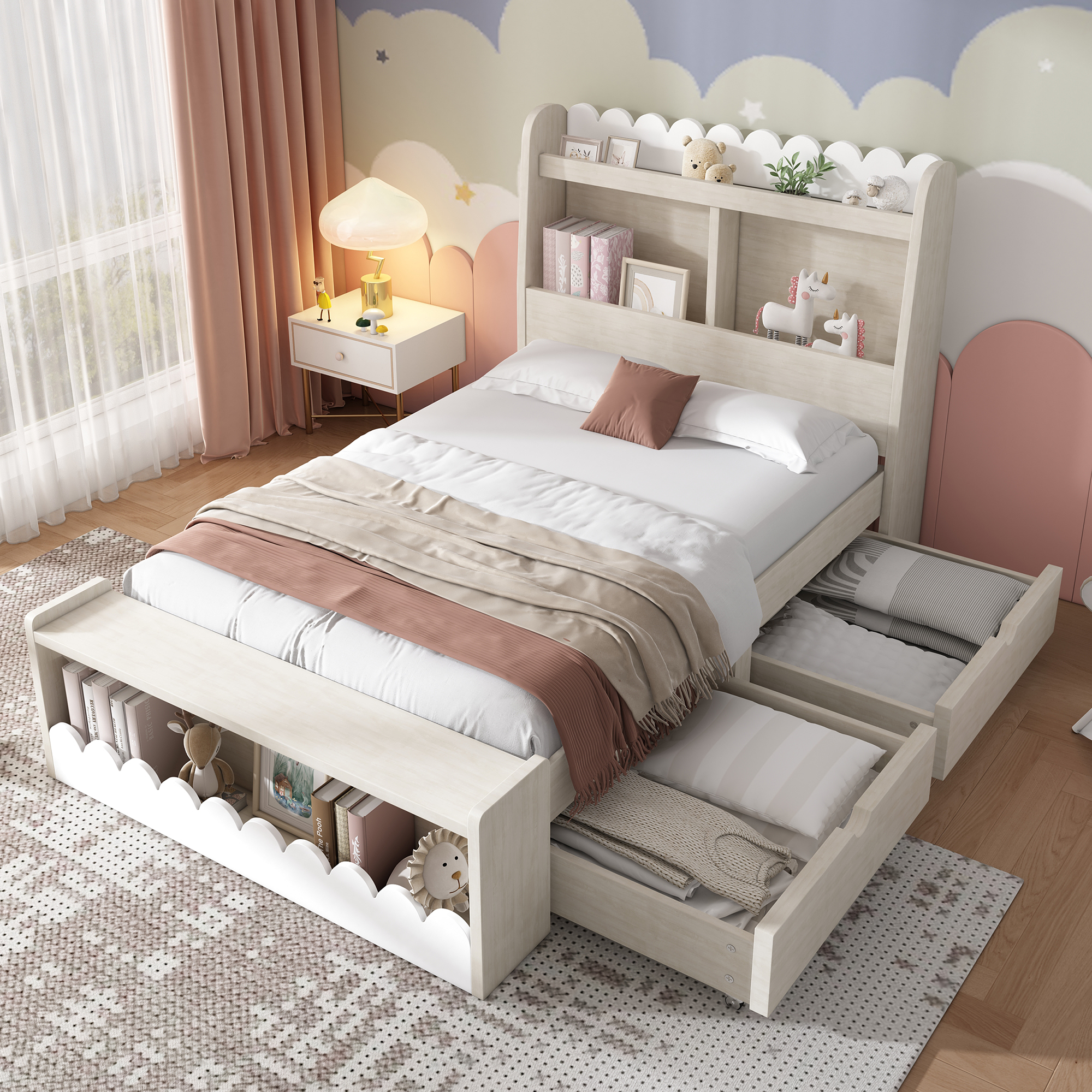Children's Bed Single Bed Storage Bed With Drawers, Shelf And Bench With Storage, Wooden Bed 90x200 Cm, Bed Frame And Slatted Base In Wood, White With Oak Colours  Without Mattress