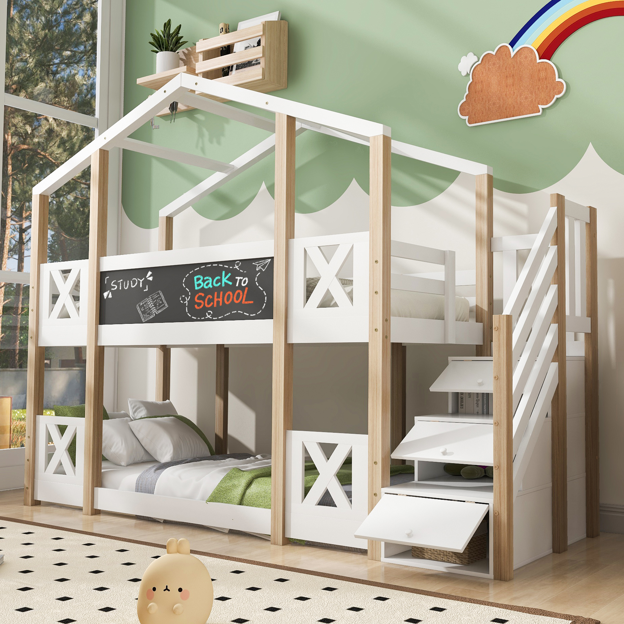 458234AAW Bunk Bed 90 X 200 Cm, Cot Tree House With Stairs Storage Space And Fall Out Protection, Loft Bed For Children  2x Slatted Frame - Natural & White