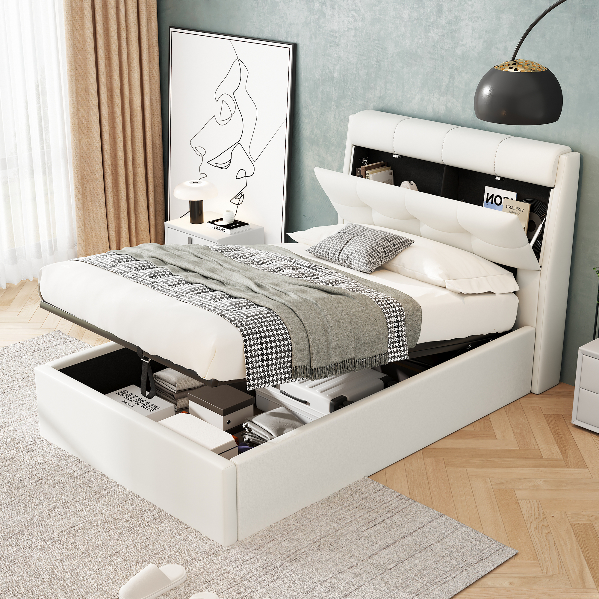 Stylish Upholstered Bed Hydraulic Bed Concealed Headboard Storage Bed Box Storage PUWith Slatted Base And Headboard, Without Mattress, White