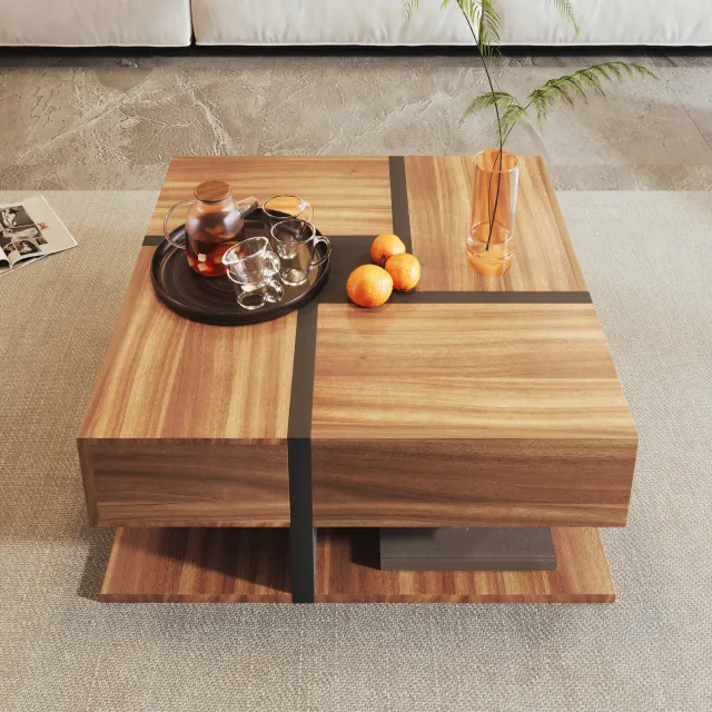 Quadratischer Couchtisch mit vier Schubladen und Ablage