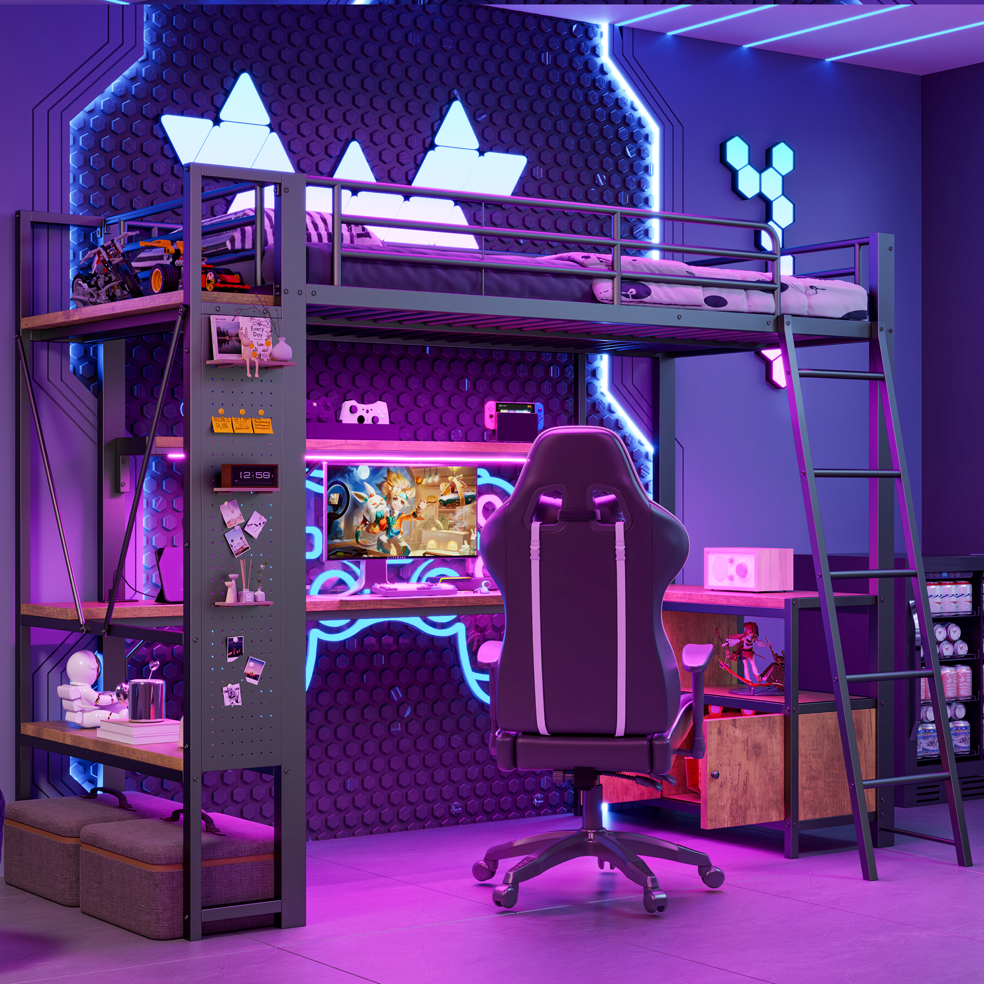 Loft Bed, 90 X 200 Cm, Iron Frame, With LED Light Strip, Desk, Storage Space, Several Shelves, Perforated Wall, USB Port, Without Mattress, Black