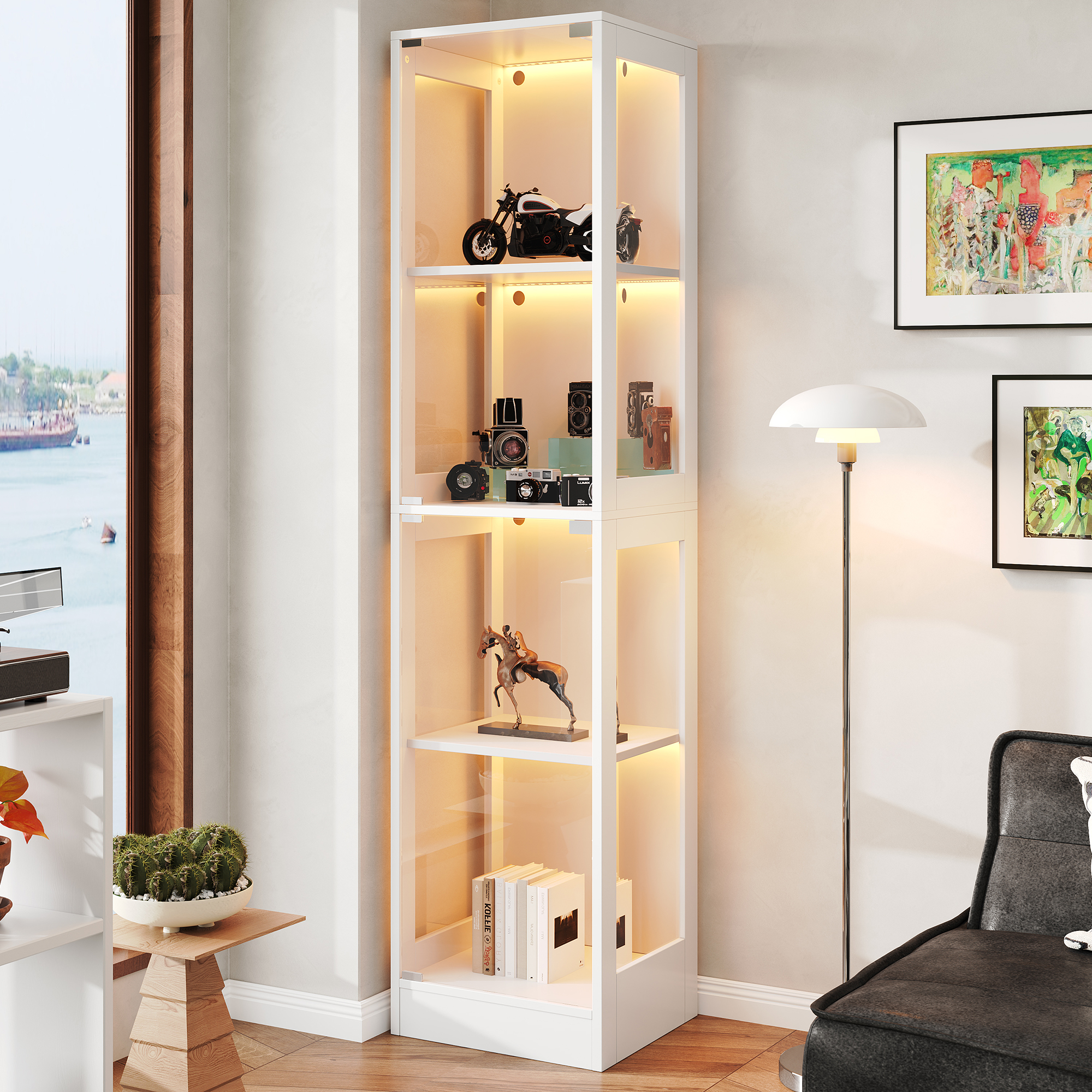 40 X 35 X 170 Cm Single Door LED Display Case, Tempered Glass  Display Case, App Controlled LED Light, Four Floors Storage Space, Push-to-Open Door, M