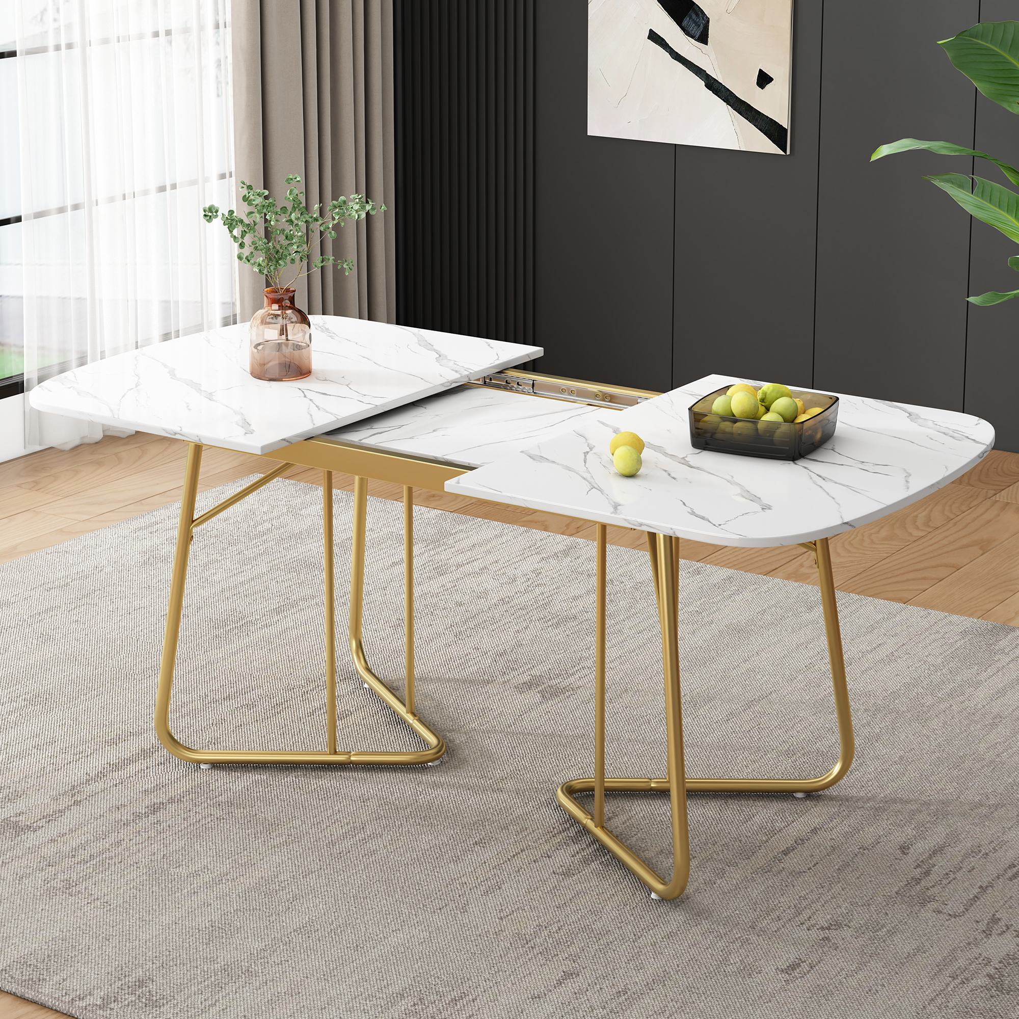 Table à manger extensible blanche avec structure en marbre