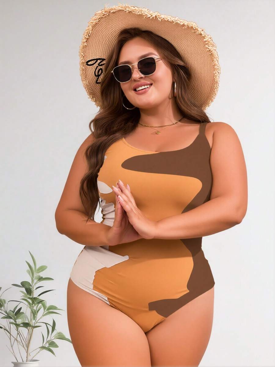 2026 New Women's Plus Size One-Piece Swimsuit: Earth Tone Abstract Color Block With Side Ruched
