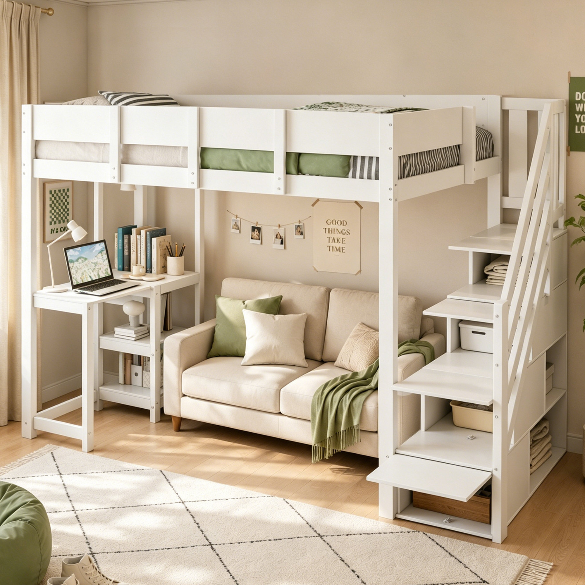 Multifunctional Bunk Bed With Storage Loft Bed With Shelf 90 X 200 Cm, Bed Frame Made Of Solid Pine Wood With Slatted Base, Bed For Children And Teenagers White