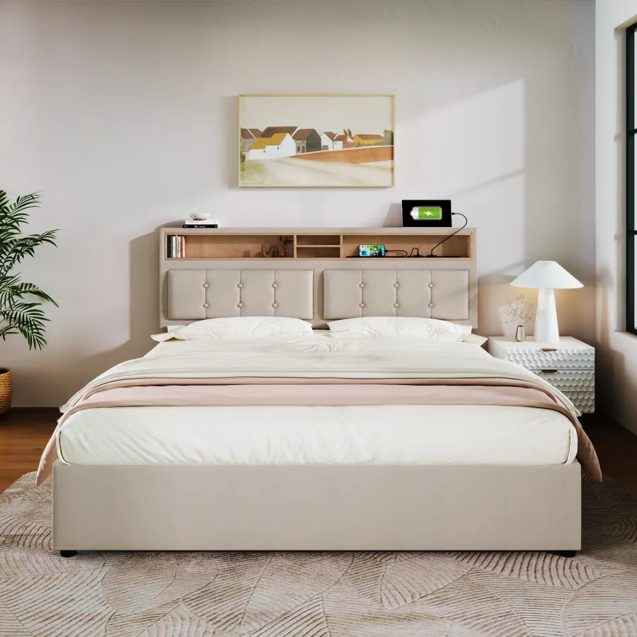Upholstered Bed Double Bed With USB C Socket Charging Function Headboa