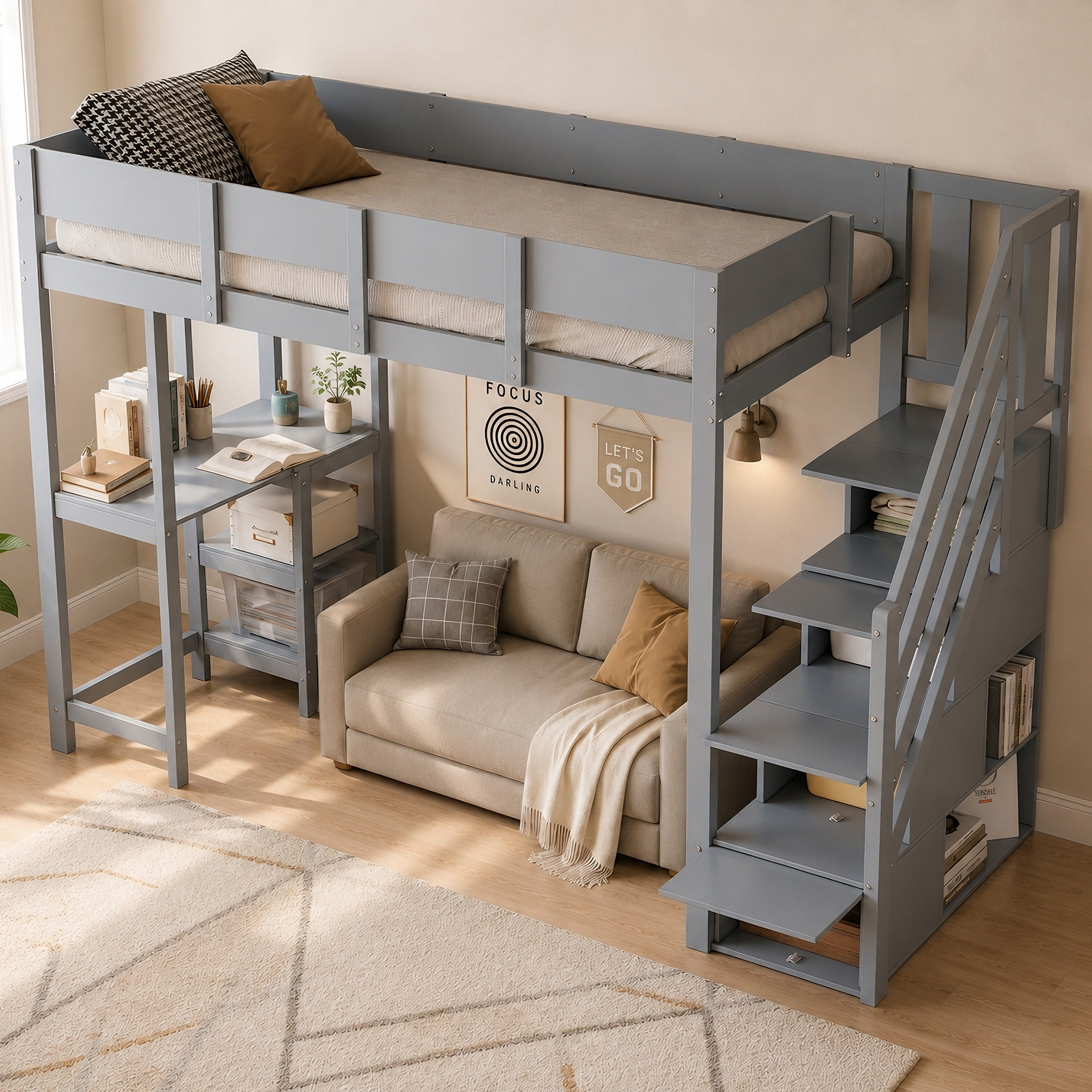 Multifunctional Bunk Bed With Storage Loft Bed With Shelf 90 X 200 Cm, Bed Frame Made Of Solid Pine Wood With Slatted Base, Bed For Children And Teenagers Grey