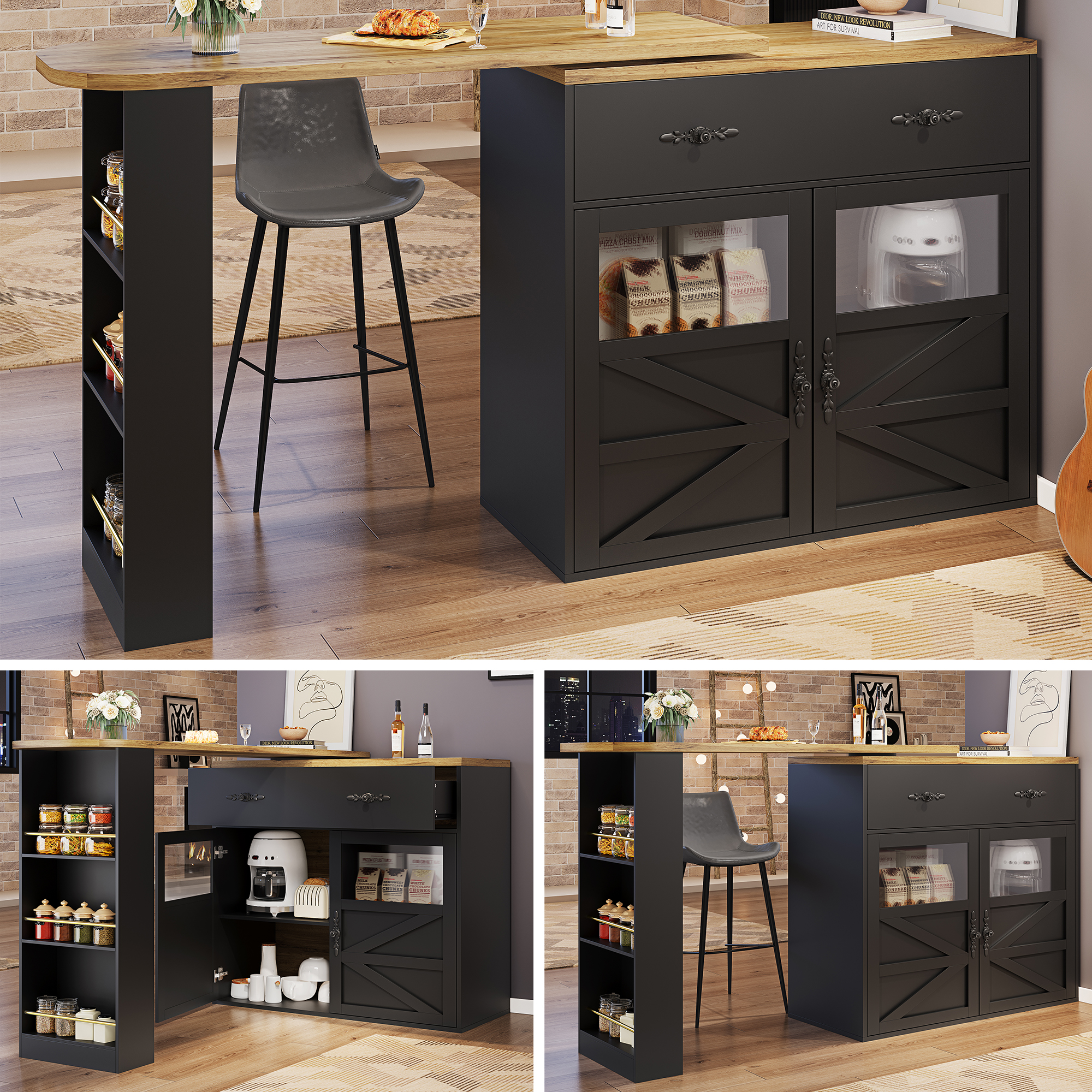 Extendable Bar Table With Storage  138-204x39x104cm , 360 Rotatable Edible,Modern Movable Bar Table,High Table Kitchen Island Bistro Table, Sideboard Cabinet With Shelves,Black