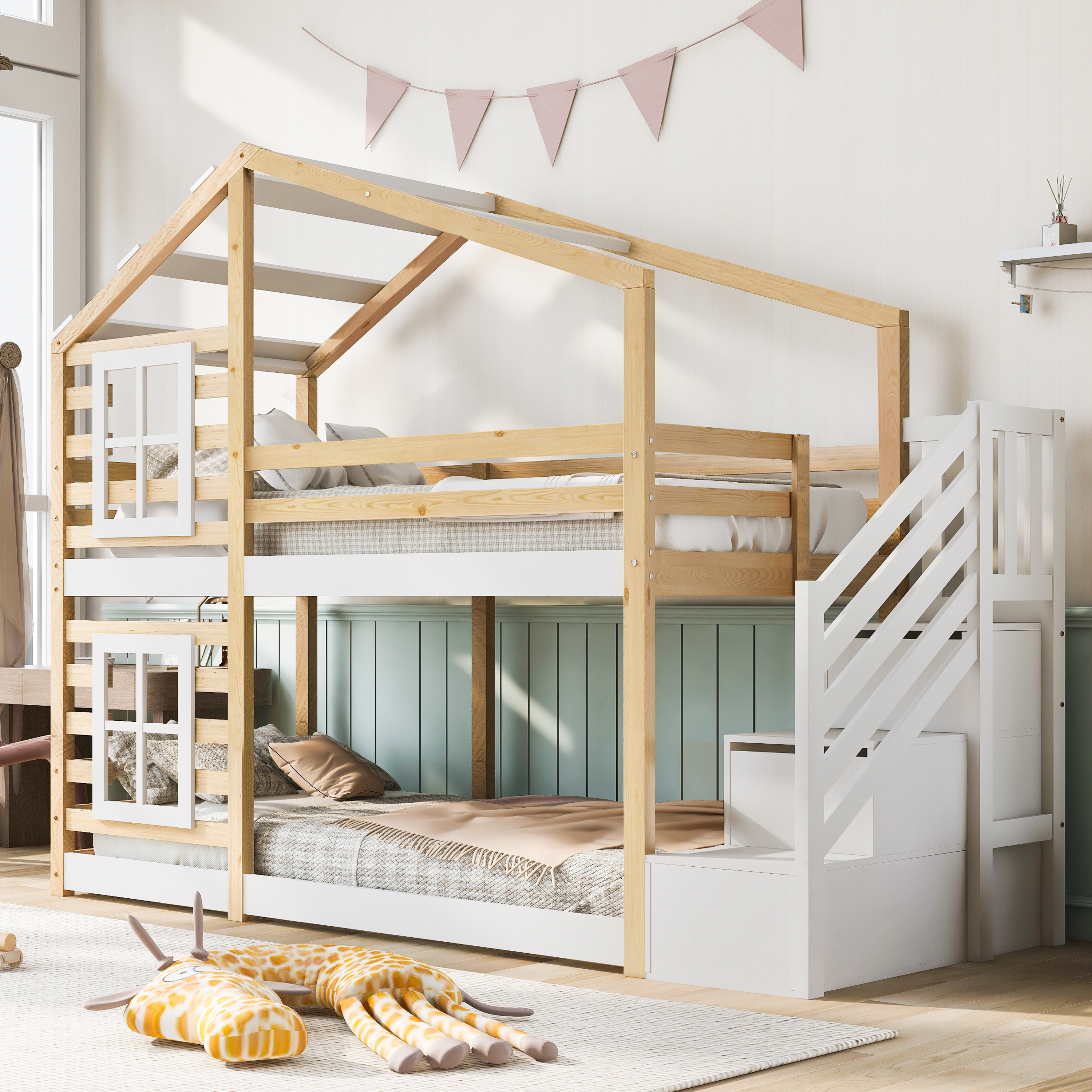 AB30604567W Children's Bed Tree House 90 X 200 Cm, Bunk Bed For Children In Window Construction With Storage And Fall Out Protection, Natural & White  2x Slatted Frame  Without Mattress