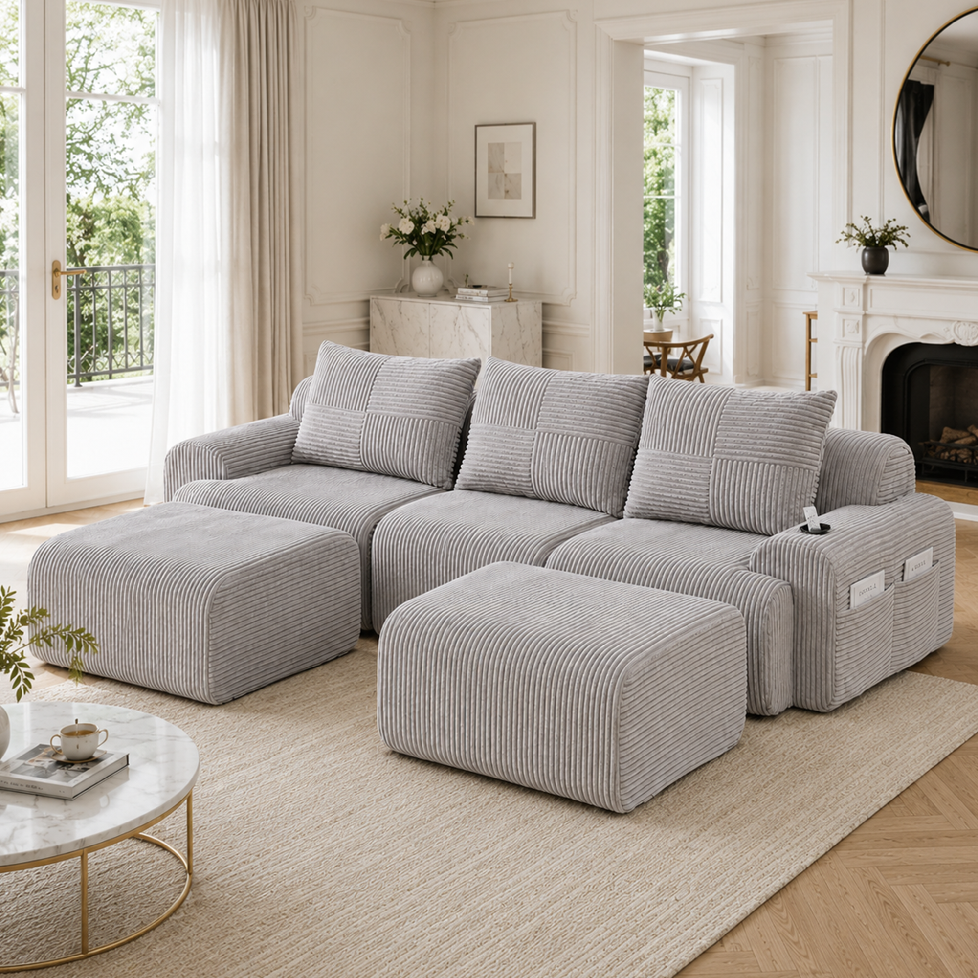 Modular Corduroy Sofa For 3 People  With 2 Stools , Freely Combinable, Including Cup Holder And Side Storage Bag, Ideal For Living Room, Family Room A