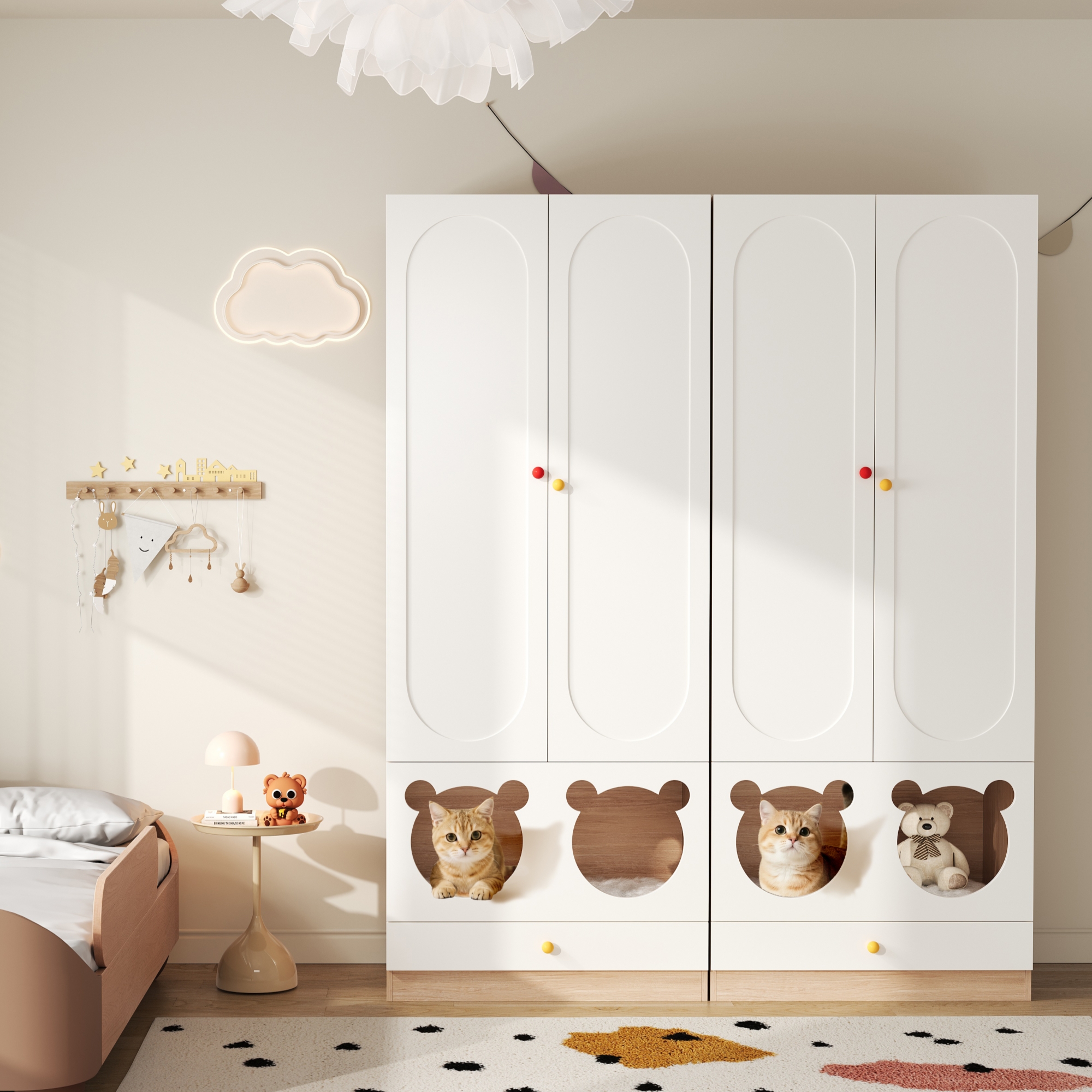 Children's Wardrobe, Combination Wardrobe 2 Pieces, With Ironing Bar, With Cat Bed, Lacquered Boards  Chipboard, Ceramic Handles, White  Natural Wood 