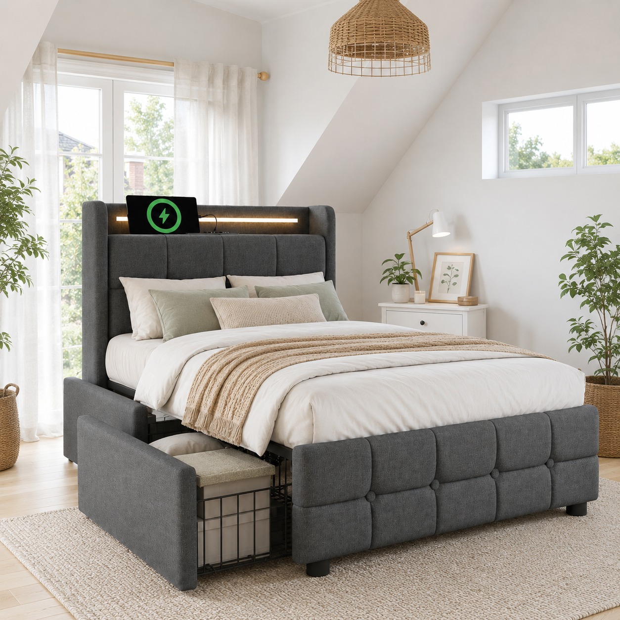 Upholstered Bed With Charging, USB Charging Function, Headboard And LED Lighting And 2 Drawers, Single Bed 90x200cm, Storage Beds, Bed Frame, Wooden Slatted Base, Grey  Without Mattress