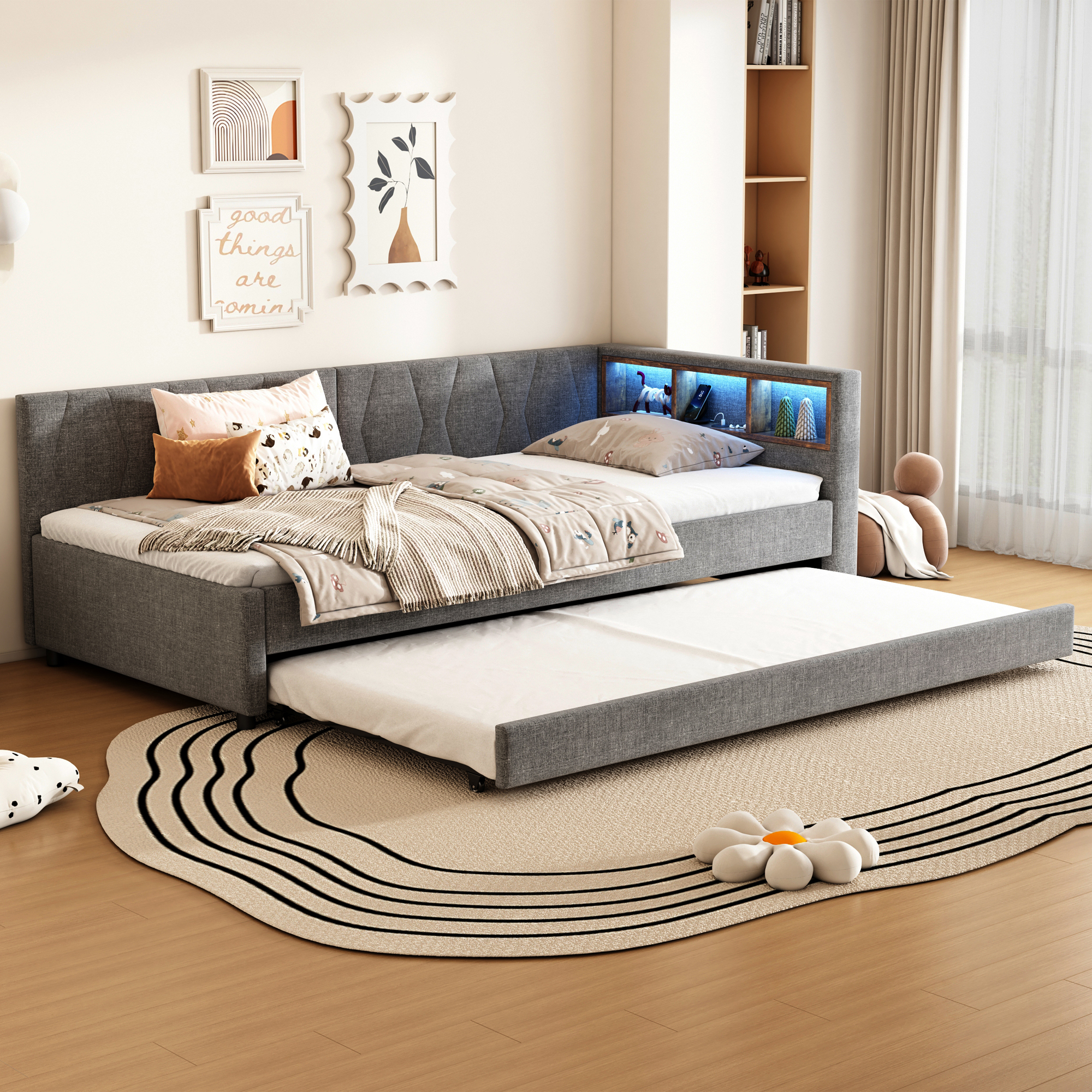 Daybed,90x200cm, Daybed, Sofa Bed, Storage Compartment By Bed, USB Type-C, With LED Light Strip, Bed With Pull-out Bed, Bed With Slatted Base  Without Mattress , Linen, Grey