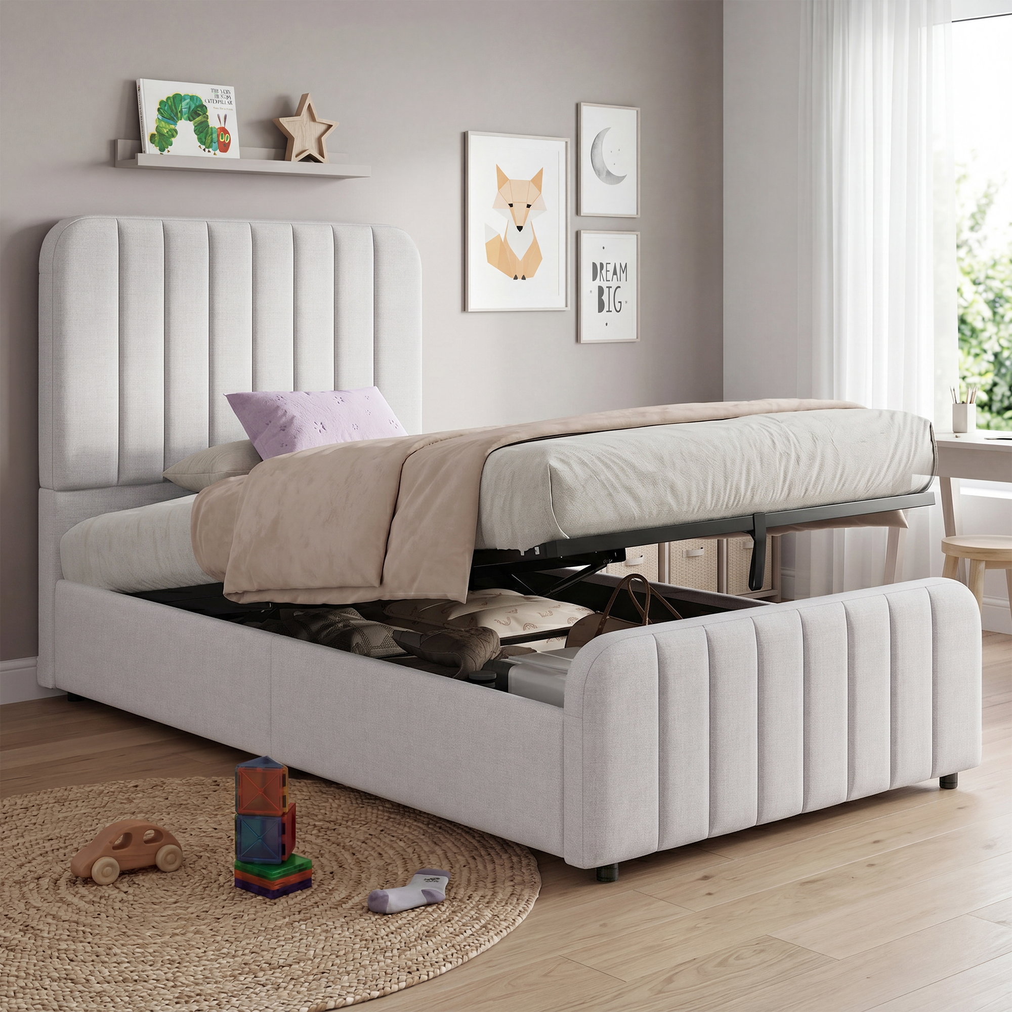 Upholstered Bed, Single Bed, Cot 90 X 200cm, Hydraulic Functional Bed, Bed With Slatted Frame, Headboard And Large Storage Space, Upholstered Headboard, Grey, Linen