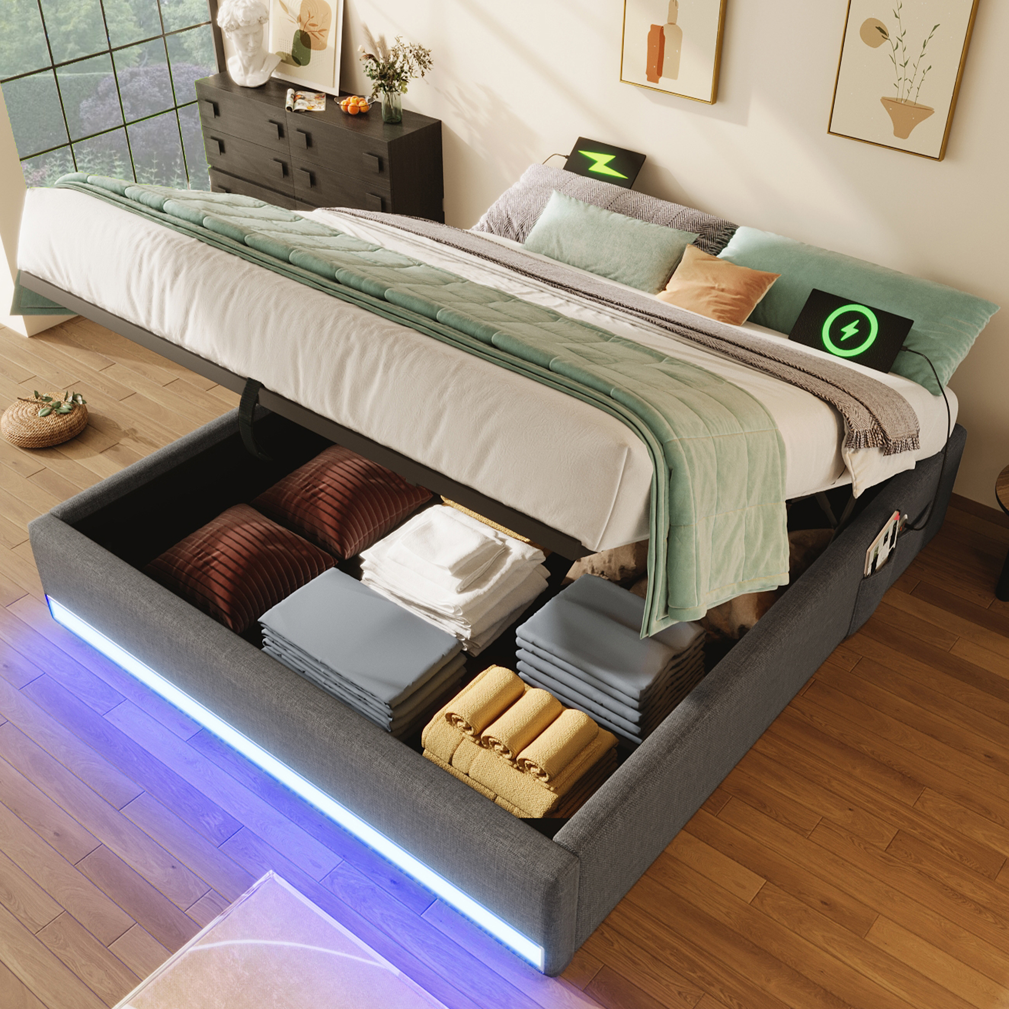 Upholstered Bed, 140x200cm, LED Strip, With USB And Type-C, With Small Storage Pockets, No Headboard Design, Hydraulic Storage Function, No Mattress, Gray
