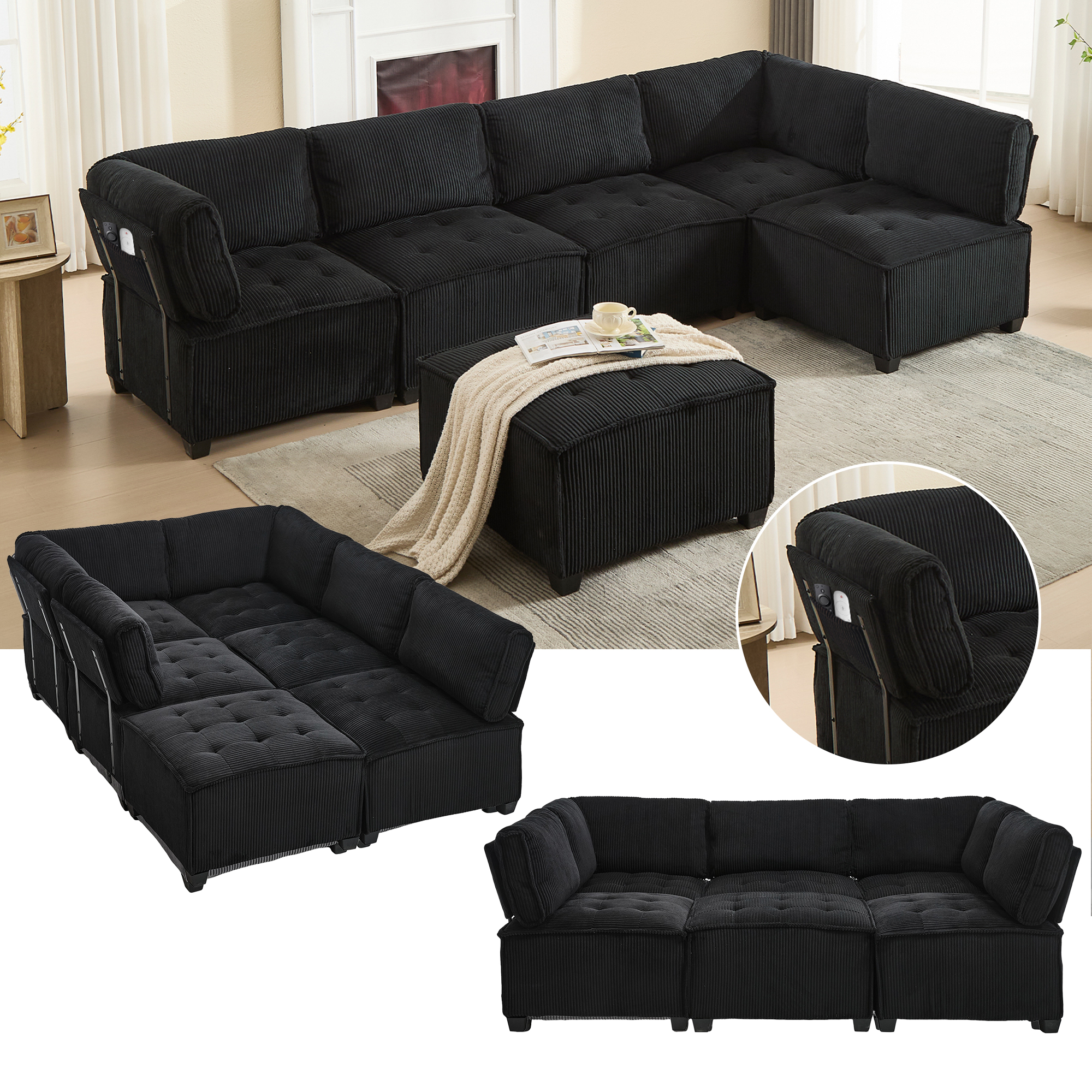 308 Cm Long Sofa Modular 6-seater Sofa, Corduroy, Ergonomic, Storage Pockets, Can Be Flexibly Combined As A U-shape L-shape Sofa Bed, Stable Wood And Metal Structure, Easy To Assemble, Black