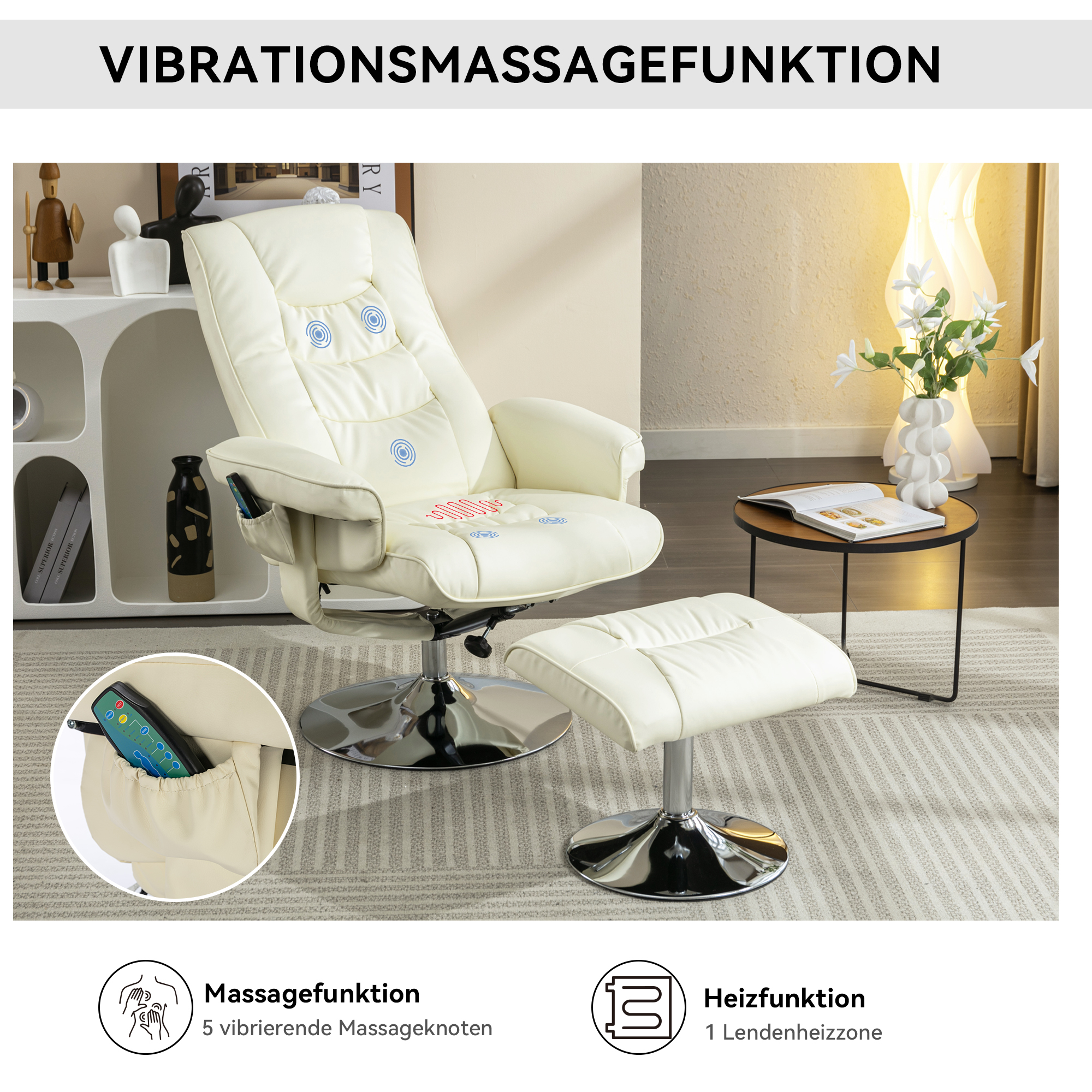 Massage Chair With PU Upholstery And Ottoman, Footstool With 5-Point Massager For Living Room And Bedroom, Beige