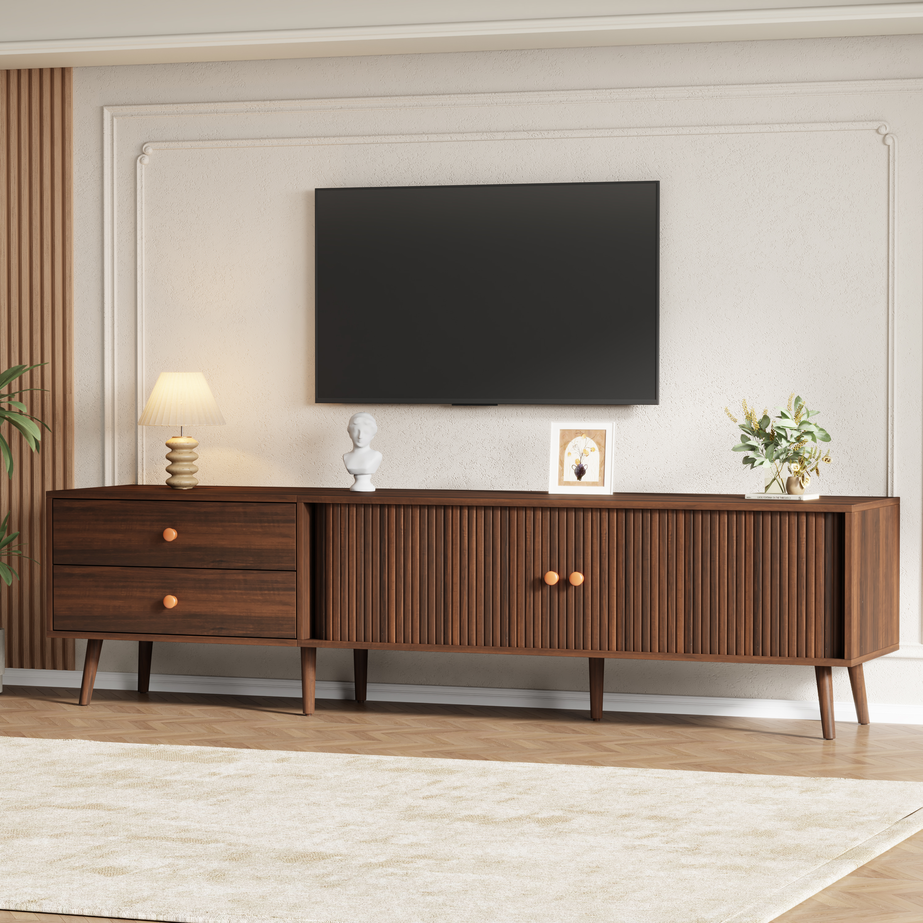 180 X 40 X 46.5 Cm TV Cabinet In Walnut Wood Look With Two Drawers, Two Roller Doors And 7 Feet. Suitable For TVs Up To 80 Inches.Lowboard, Living Room Cabinet,TV Stand