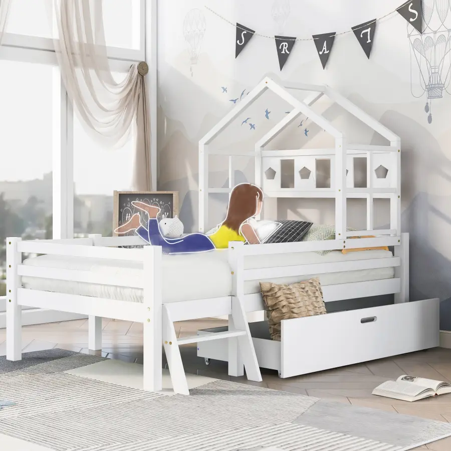 House Bed Cot With Ladder And Drawers