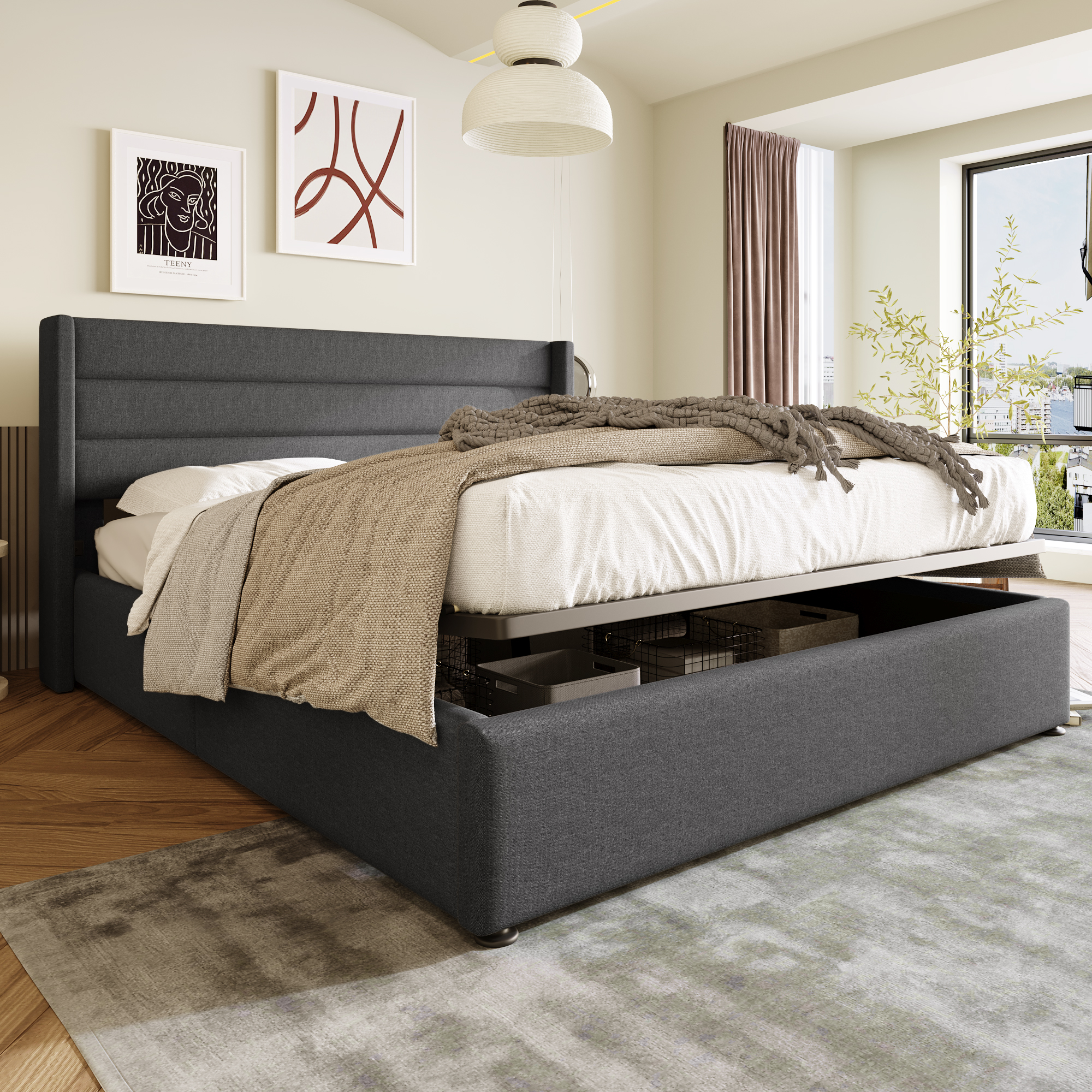 Storage Bed Upholstered Bed Hydraulic Double Bed 160x200cm, Wooden Slatted Bed, Bed With Metal Frame Bed Linen, Grey