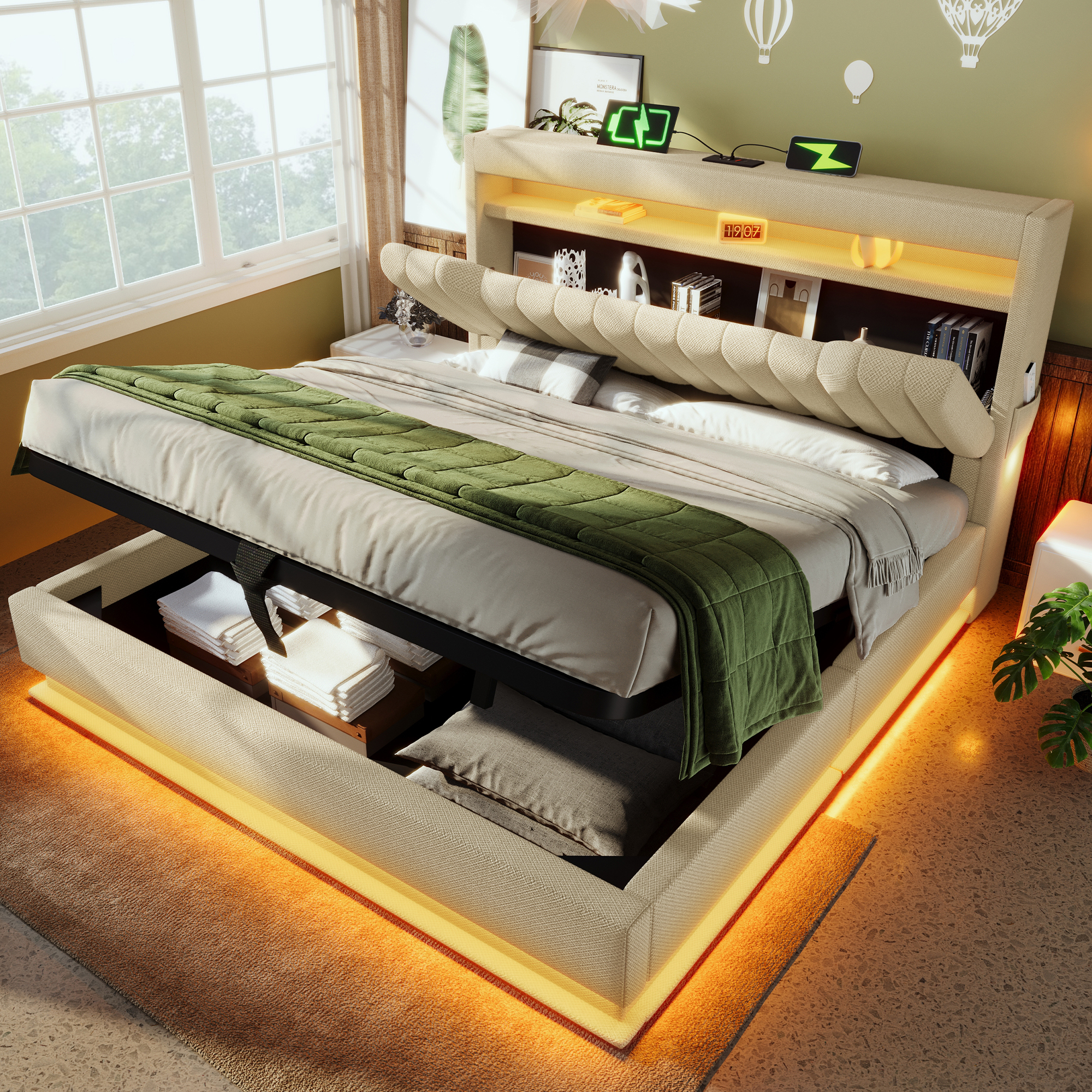 160x200cm Upholstered Bed Double Bed, Storage Headboard With USB And Type-C Ports, LED Lighting At The Head And Foot Of The Bed, With Hydraulic Storage, Beige, Linen.  Without Mattress