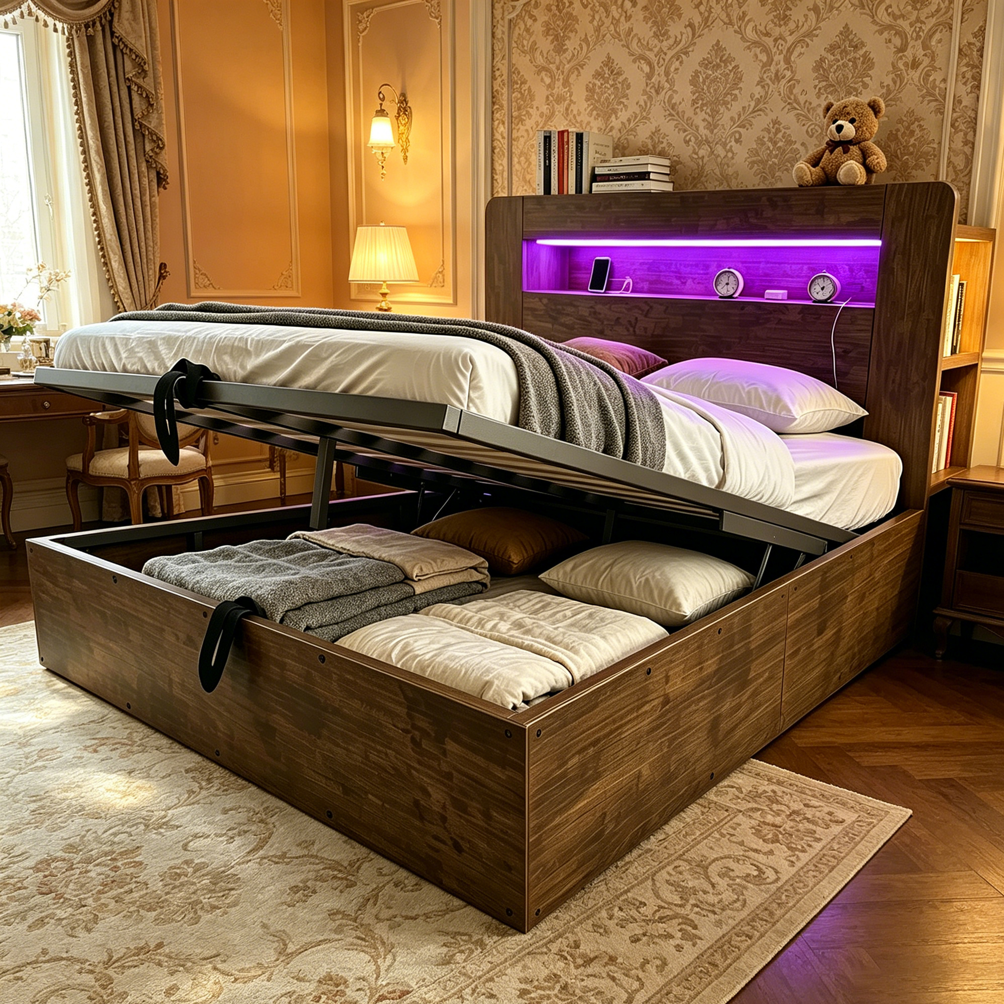 Bed Frame With Wooden Storage, Hydraulic Lifting System, LED Headboard, Integrated Sockets And Storage Compartments, Modern Platform Bed In Vintage Wood 140x200