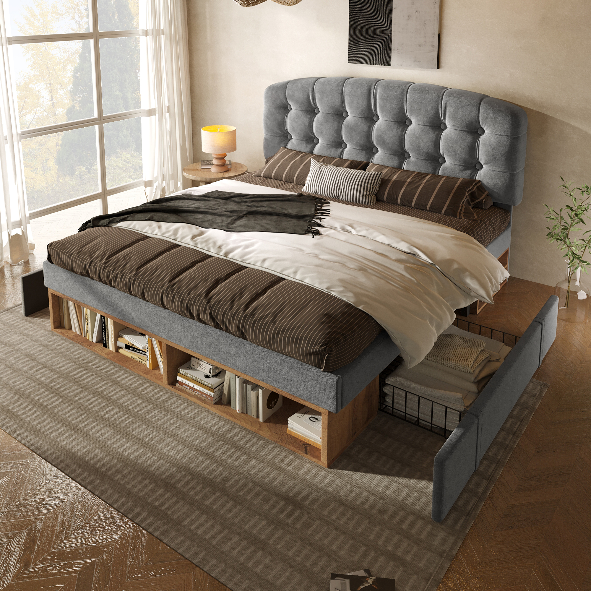 Double Bed 140x190 Upholstered Bed Velvet Grey With Slatted Base, Bed Frame With Curved Height-adjustable Headboard, Bed With Drawers And Storage, Bedroom Upholstered Bed Without Mattress.