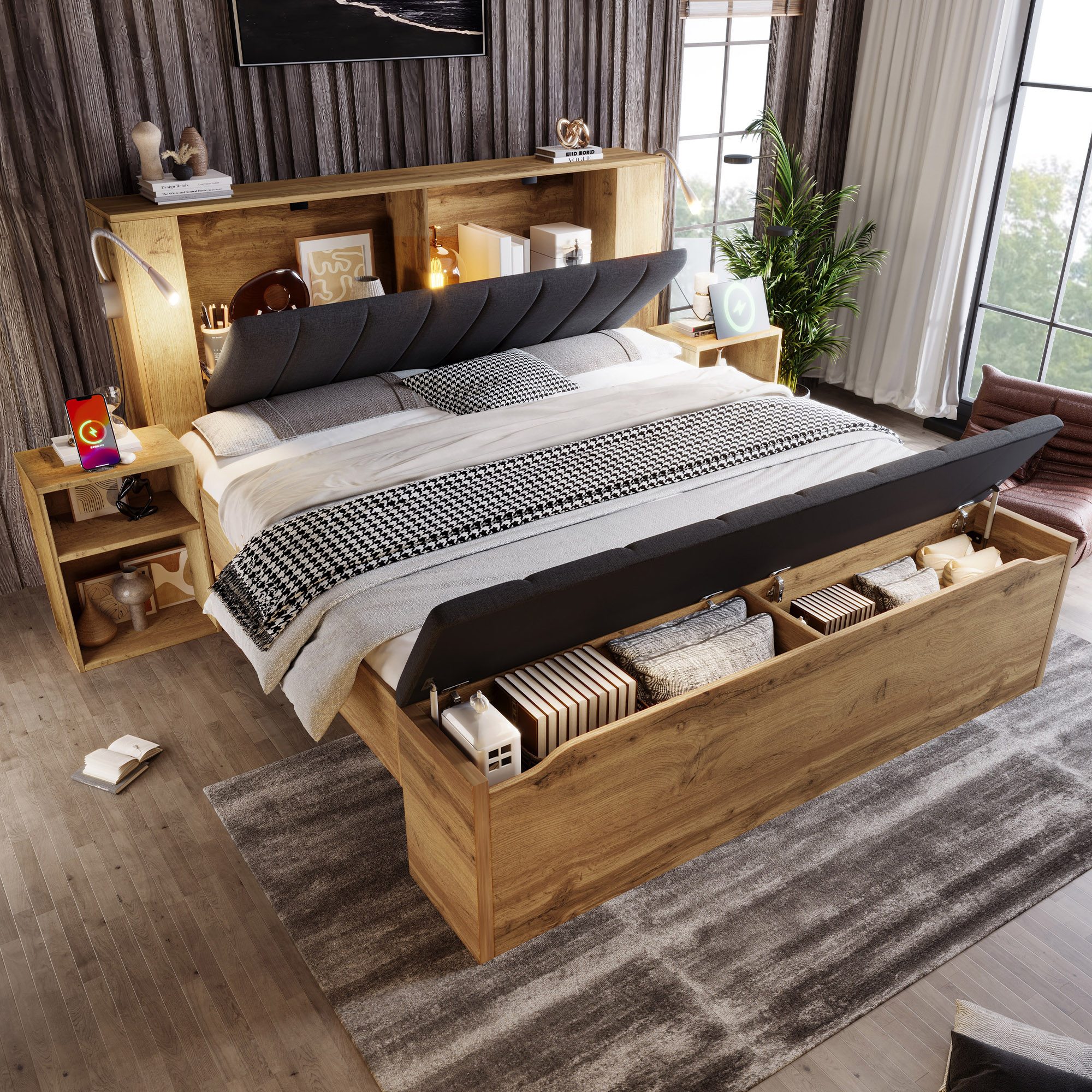 Double Bed 180 X 200 Cm Wooden Bed With Foldable Headboard Made Of Linen Fabric Storage Space Two Bedside Tables Bed Bench With Storage Reading Lamps With USB Slatted Base Oak Colour Without Mattress