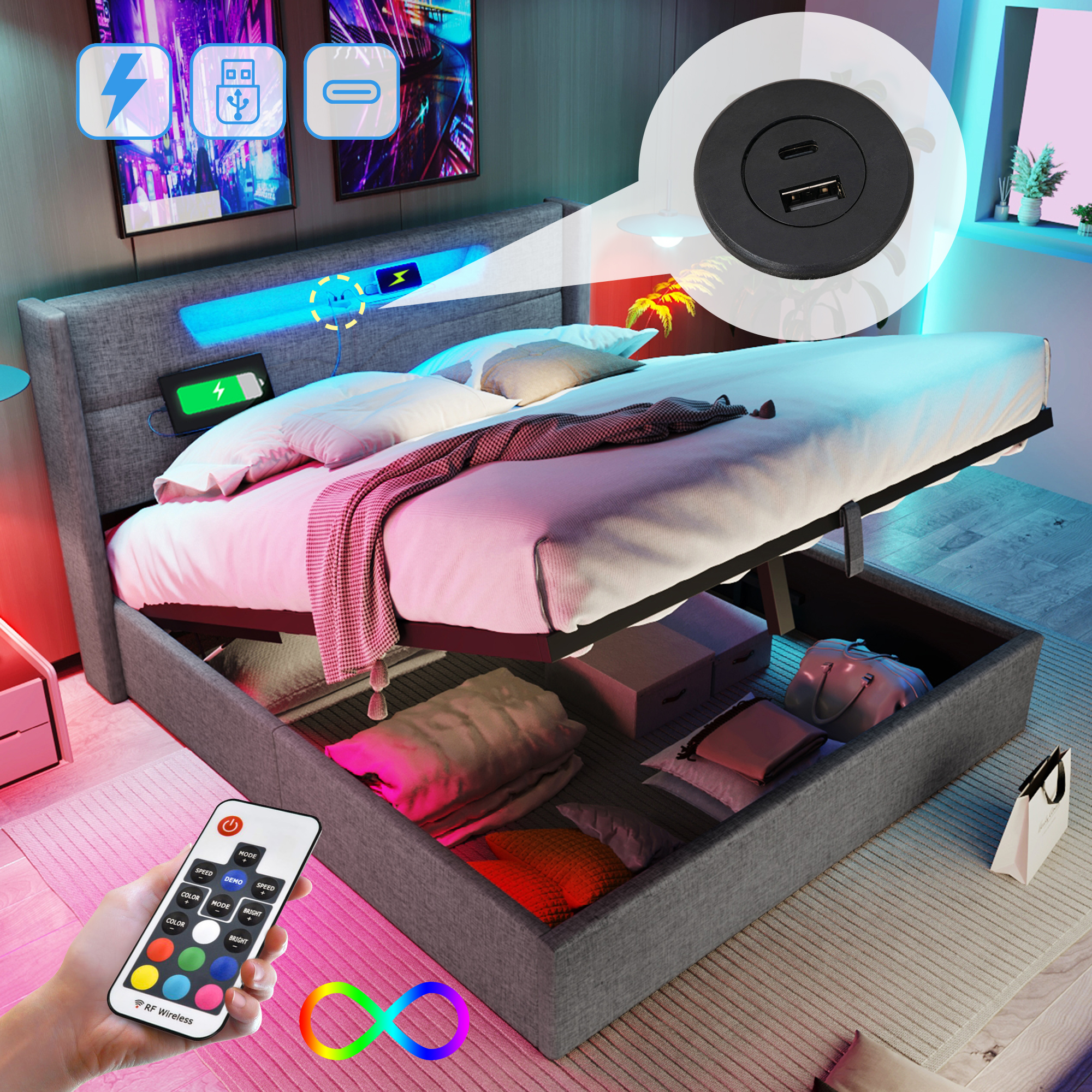 Upholstered Bed LED Double Bed With USB Type-C Charging Function And LED Lighting,Storage Beds Bed Frame Made Of Linen Material Youth Bed 140x200 With Slatted Base Without Mattress