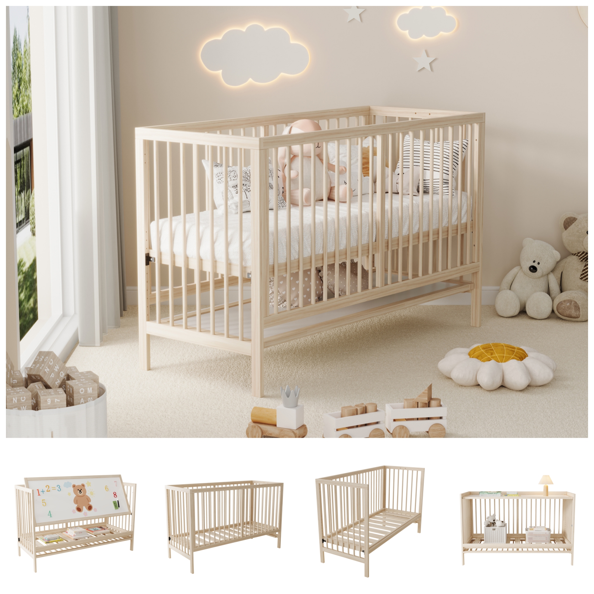 Wooden Baby Bed, Multifunctional Baby Bed, Convertible Into Side Bed  Painter's Board Stand   Desk, Height Adjustable, Without Mattress, Made Of Spruc