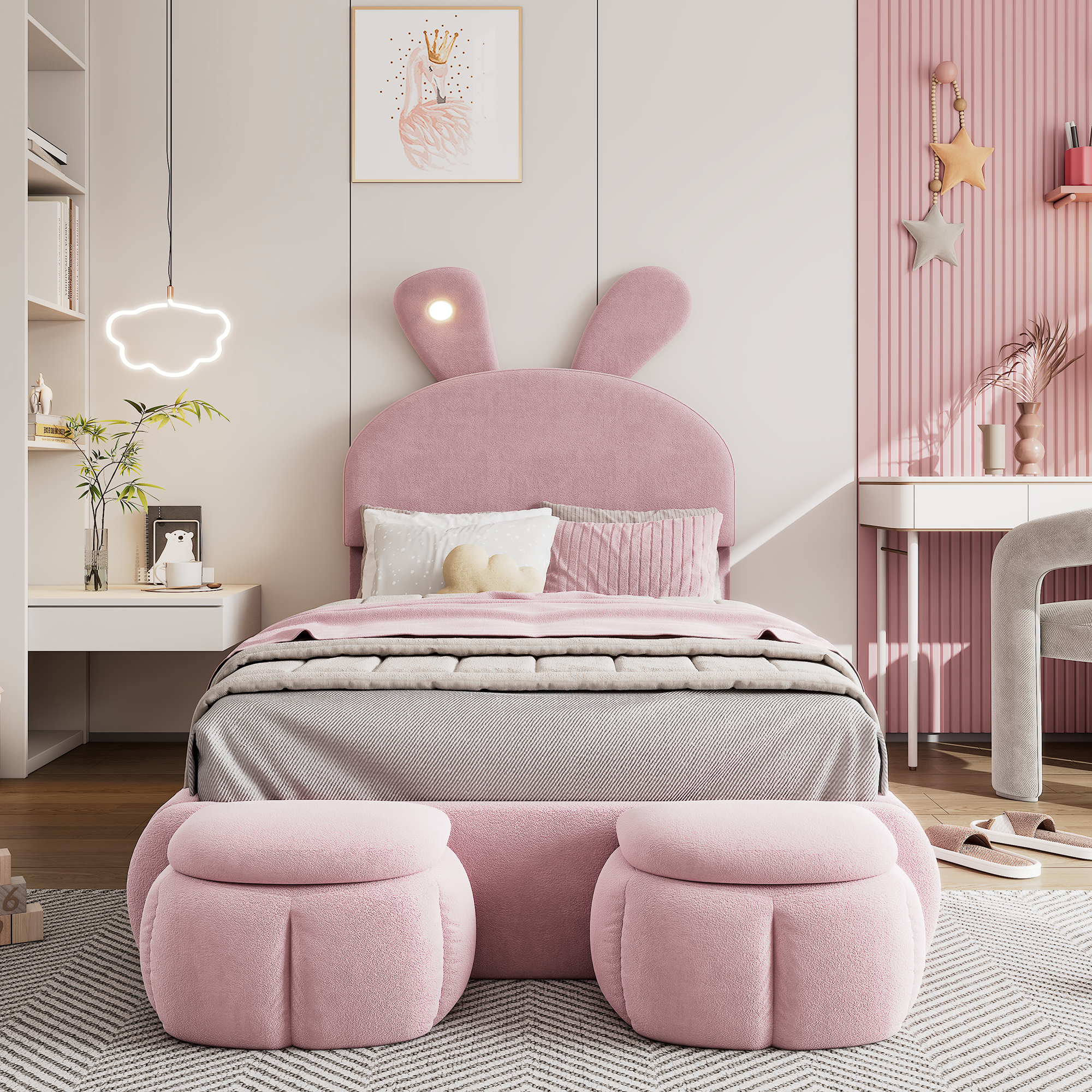53068586PAA Upholstered Bed, Single Bed, Bunny Ears With Adjustable Brightness Warm-coloured Light Strip, With Two Storage Stools, Cot With Wooden Slats, Velvet, Pink, 90x200cm