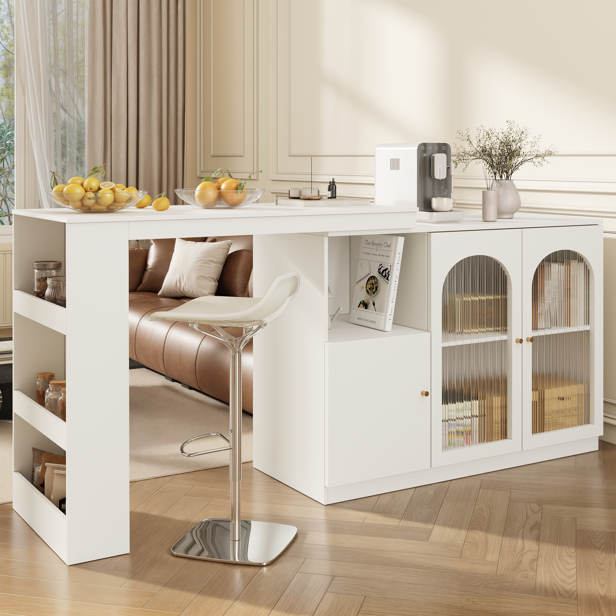 360 Rotatable Bar Table  Main Body 120 X 40 X 97 Cm , Modern And Simple White Rotating Dining And Bar Cabinet, Multifunctional Storage Cabinet With Glass Door
