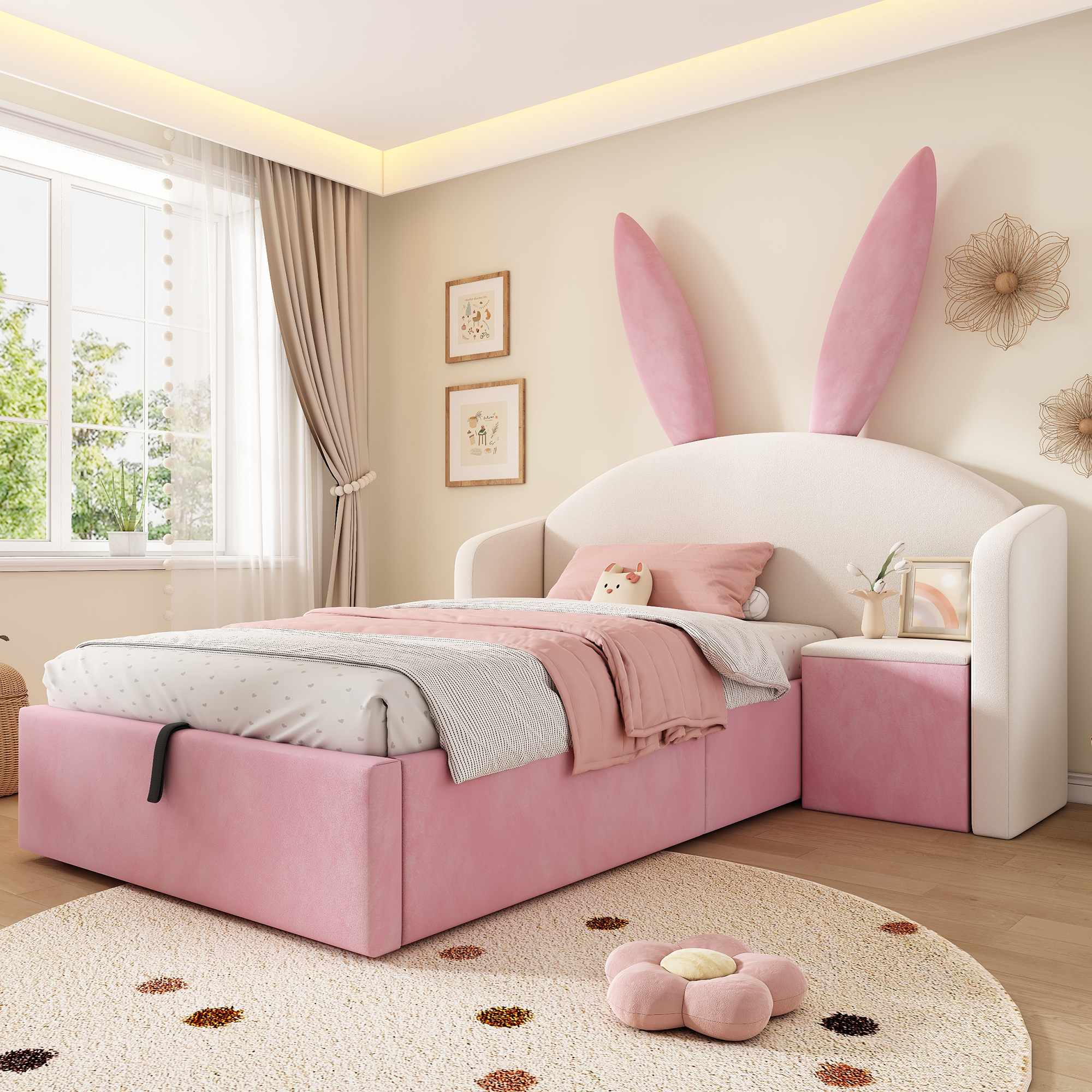 Children's Bed 90x190 Cm Velvet Upholstered Bed, Bunny Ears Headboard With Storage Space & Bedside Table, Design Youth Bed, Beige & Pink  Without Mattress