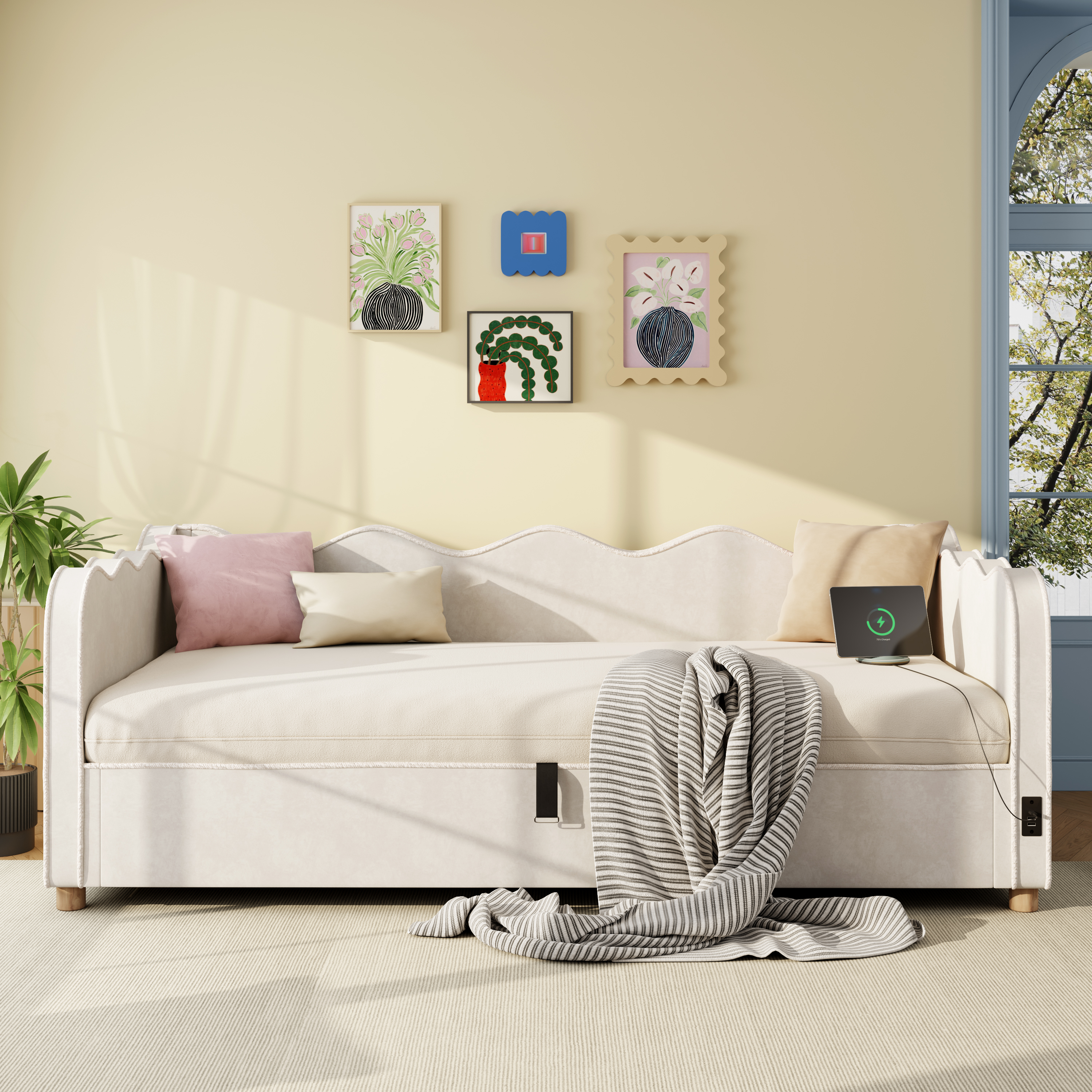 Daybed 90x200 Cm With Hydraulic Storage, Upholstered Bed, Daybed, Sofa Bed With USB & Backrest, Velvet, Beige 4