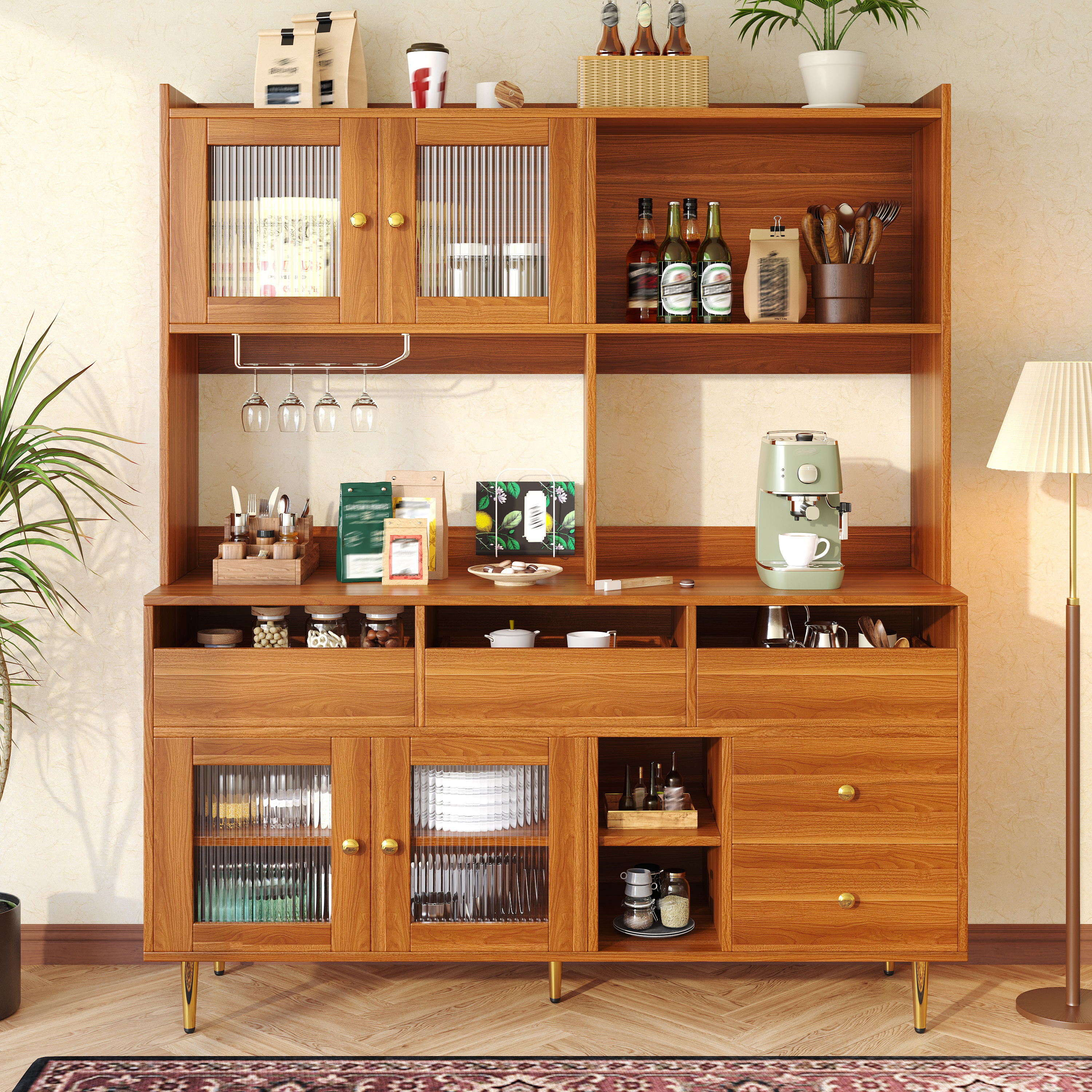 Restaurant Tall Cabinet  145 X 39 X 171 Cm , Modern And Simple Design, With Changhong Glass Door, Wine Glass Shelf, Multi-layer Storage, Wooden Structure And Gold Decoration, Suitable For Restaurants
